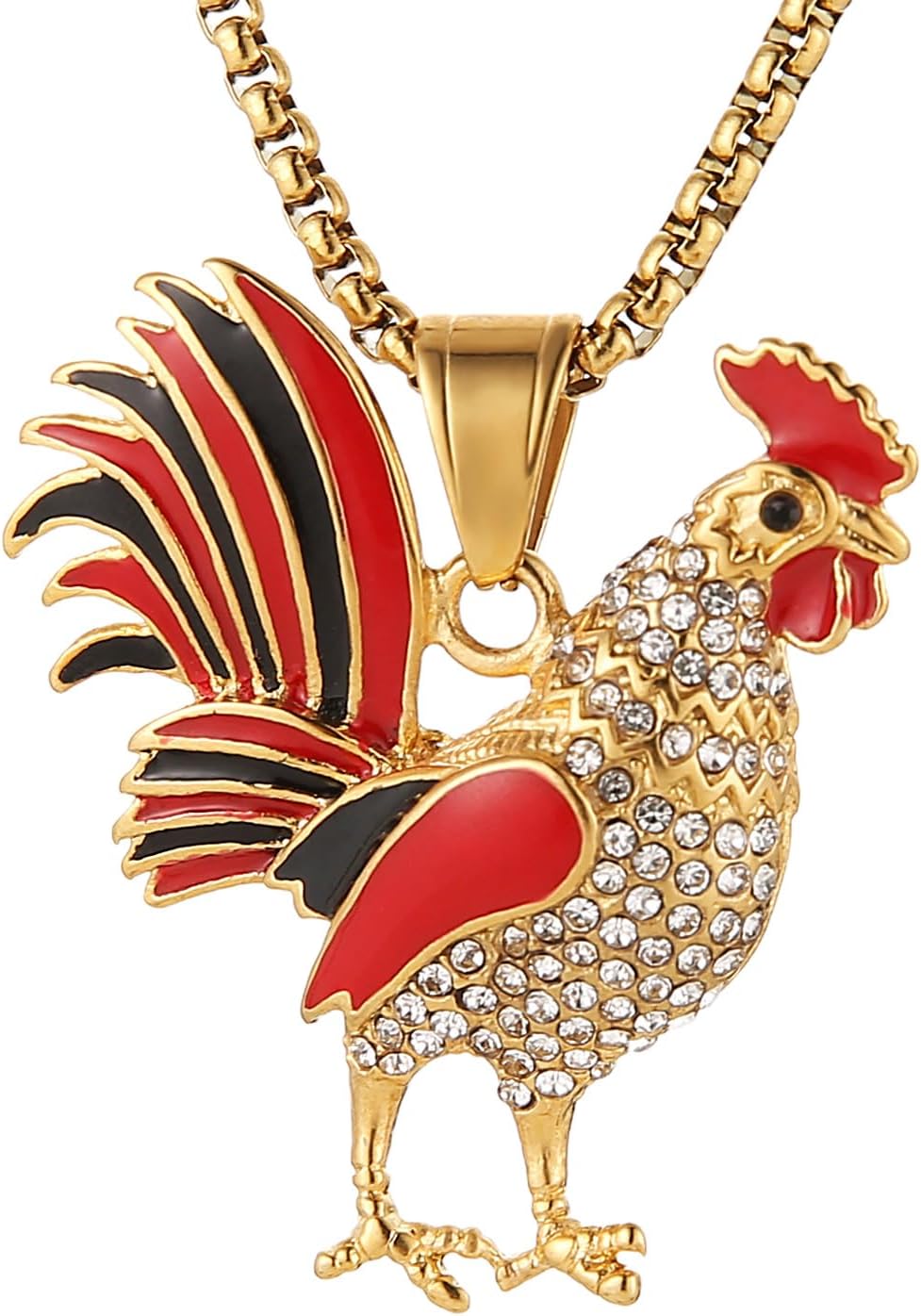 STWTR Gold plated rooster pendant inlaid with CZ retro punk totem amulet rooster necklace for men and women