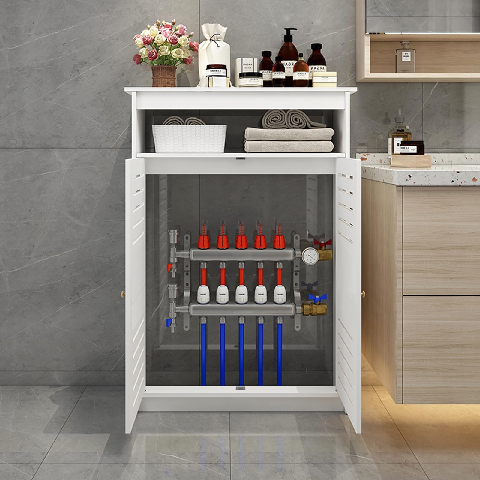 Cubierta de radiador con estante de almacenamiento, armario decorativo con puerta de listones para salón, dormitorio o baño, diseño ventilado