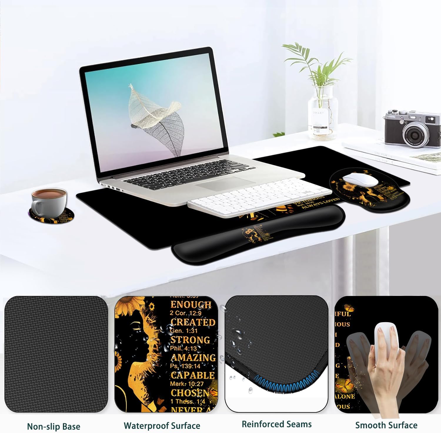 Large Mouse Pad, Ergonomic Mouse Pad with Wrist Rest and Keyboard Wrist Rest 4 in 1 Set, 31.5 x11.8 inch Extended Desk Pad for Home Office, Motivational Girl Silhouette XXL Black Gaming Mouse Mat