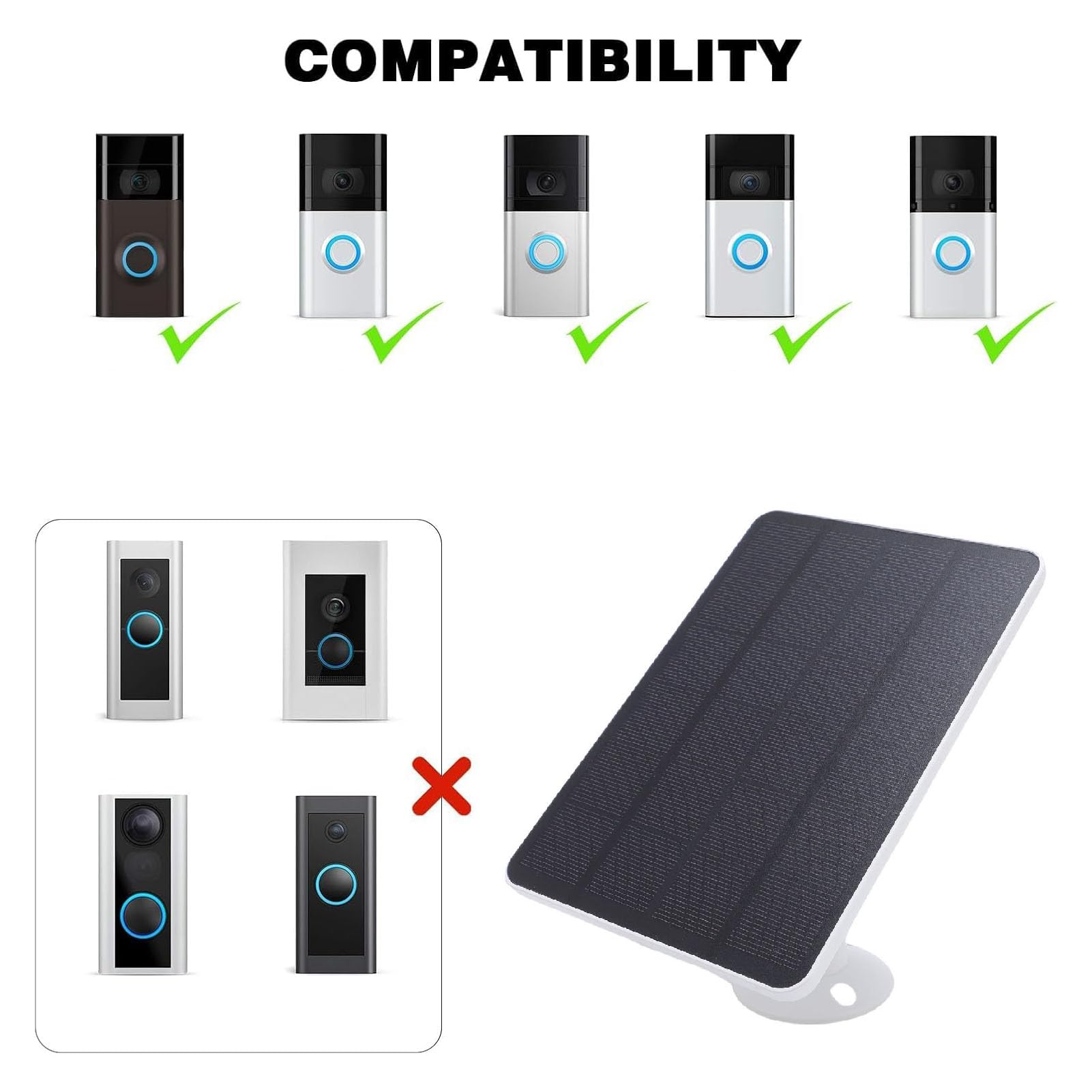 2pcs Cargador Solar para el Timbre con batería Ring, Panel Solar de 10 W con Soporte de Pared Giratorio d360°, Cable de 3 Metros, IP65 para el Timbre con vídeo Ring 2/3/3+/4