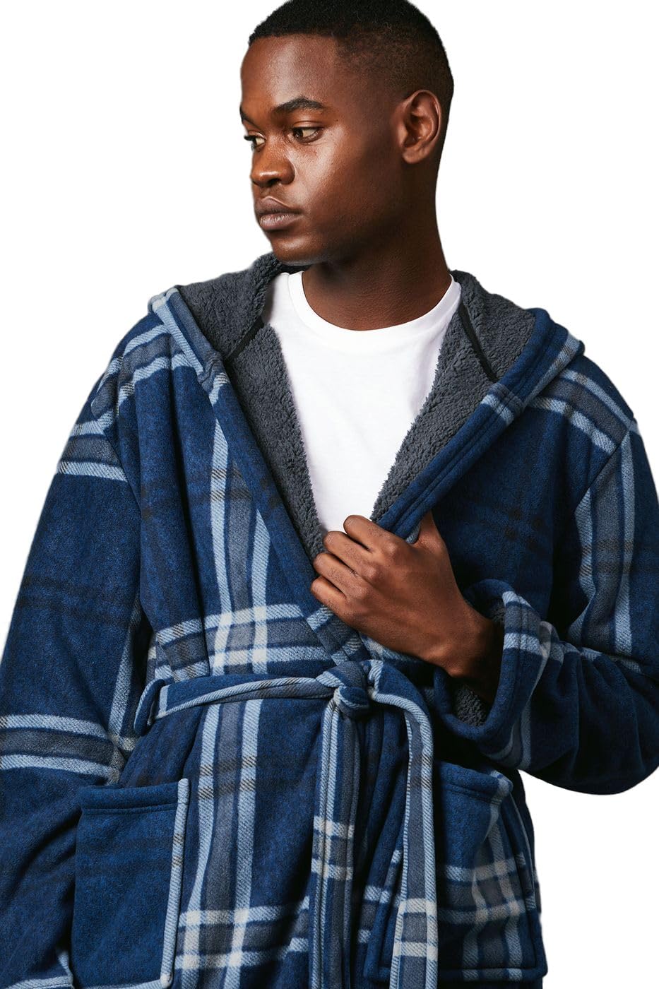 Debenhams Men's Navy Check Bonded Fleece Lined Dressing Gown | Size: Medium