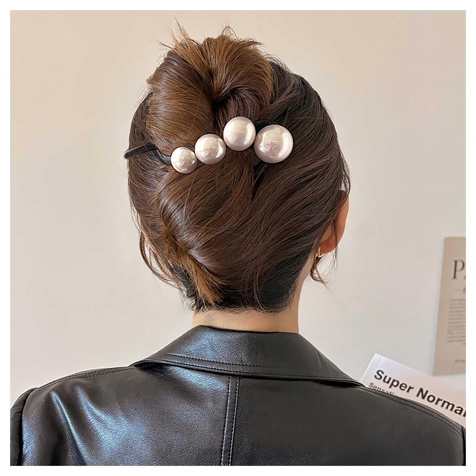 Enautoabs French Pearl Hair Clip Large Pearl Banana Hairclip Black Pearl Twist Hair Barrette Big Pearl Hair Claw Clips Non-Slip Hairclip Decorative Hair Accessories For Women Headdress