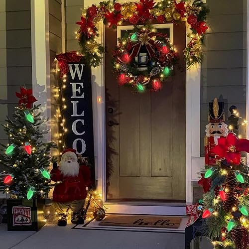 Miniatura 7 de C7 - Tira de luces de Navidad, 25 pies, juego de luces de Navidad de cerámica vintage, 27 bombillas rojas y verdes C7 (2 de repuesto), luz al aire