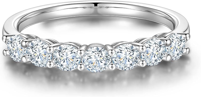 MOOSEA 7 Stone Moissanite Rings for Women, Lab Created Moissanite Ring | 925 Sterling Silver Moissanite Rings, Wedding Band for Women, Stackable Rings for Women, Anniversary Jewelry Gift