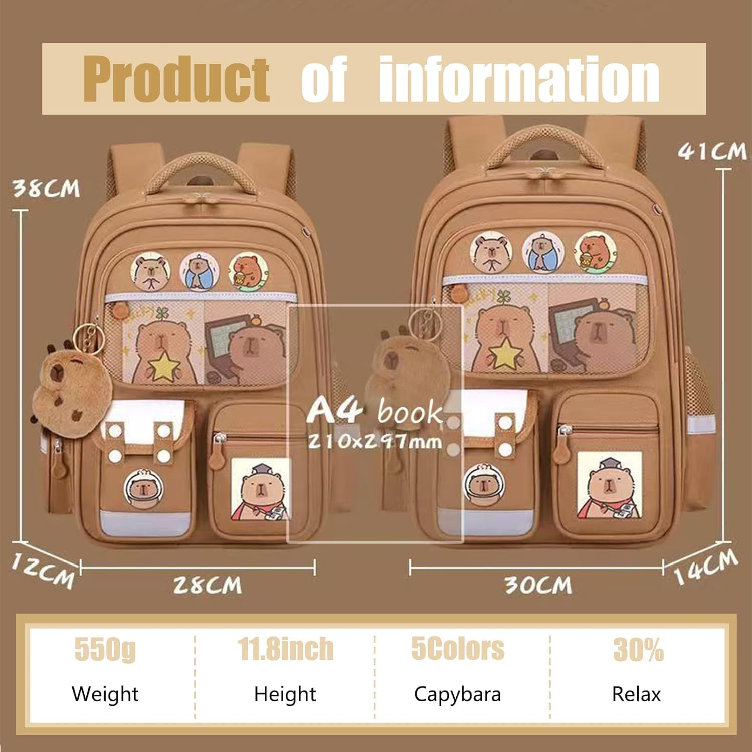 Zaino per Bambini Capibara, Zaino Capybara Kawaii per Bambine e Bambini, Borsa Scolastica Capybara con Set di Cancelleria, Regalo per Adolescenti e Studenti