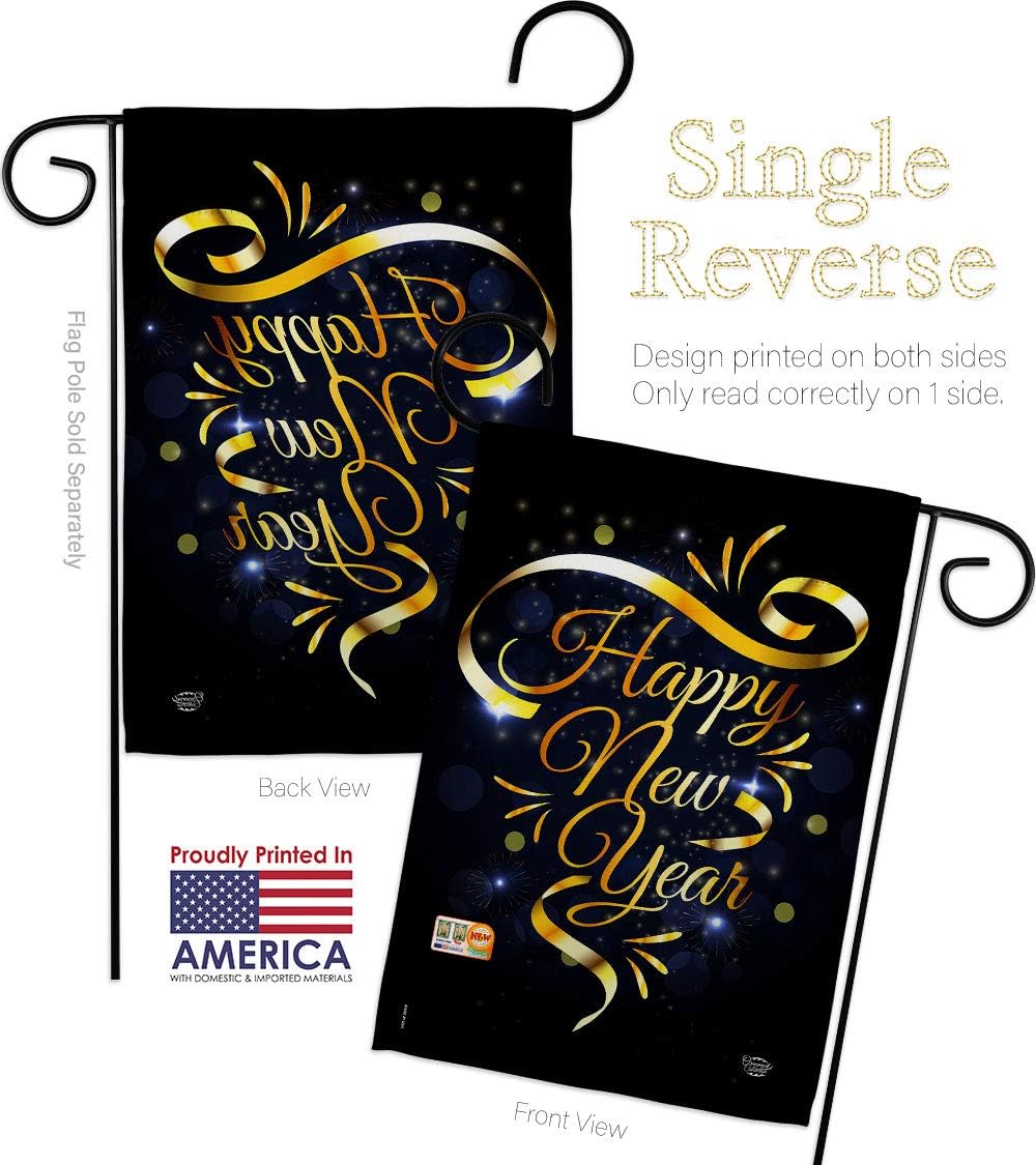 Gold Happy New Year Garden Flag Set with Stand Clock Countdown Champagne Party Fireworks Celebrate Small Decorative Gift Yard House Banner Made In USA 13 X 18.5