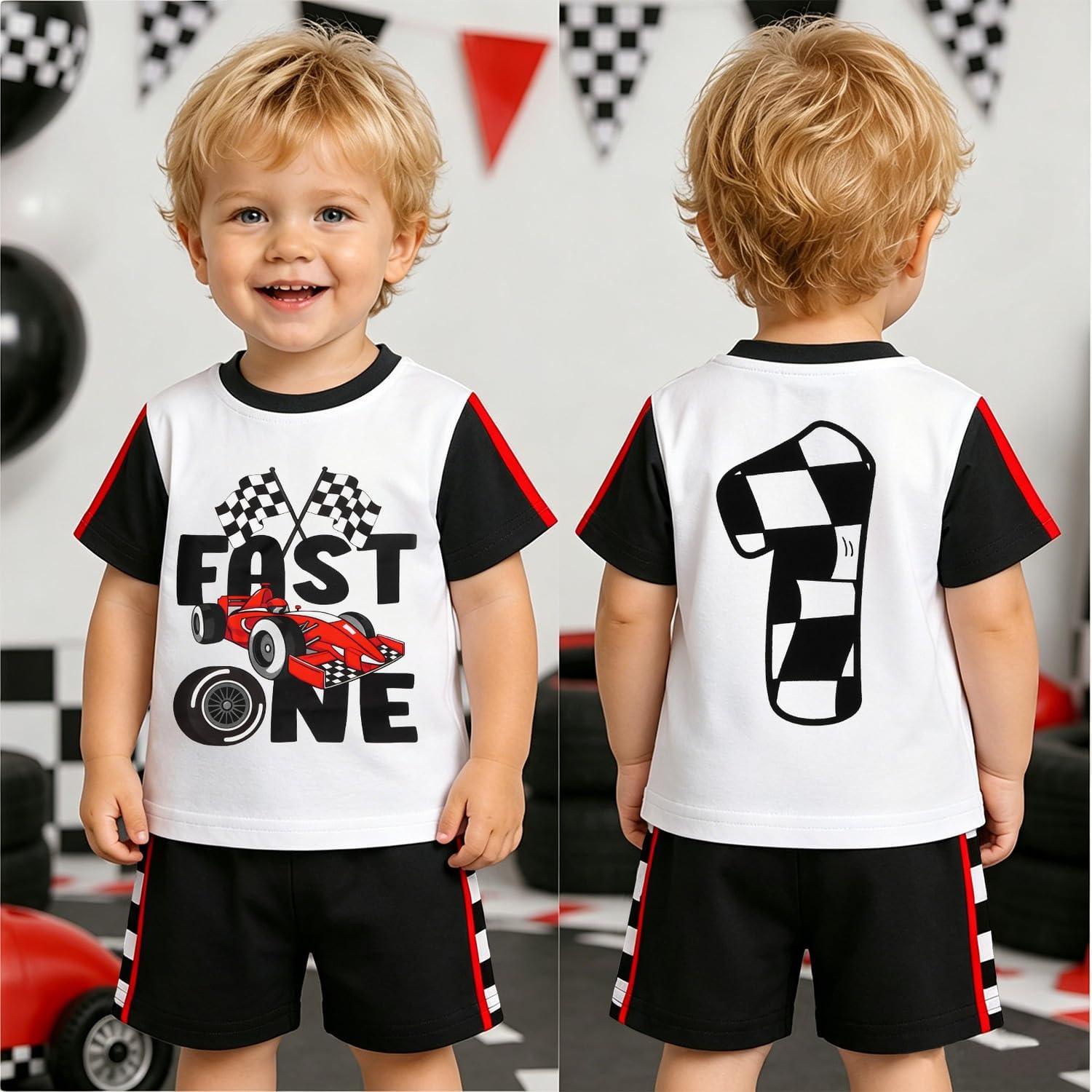 Ritatte Baby Boy Fast One 1st Birthday Outfit Race Car T-shirt and Shorts Set Checkerboard 1 Year Old Birthday Clothes