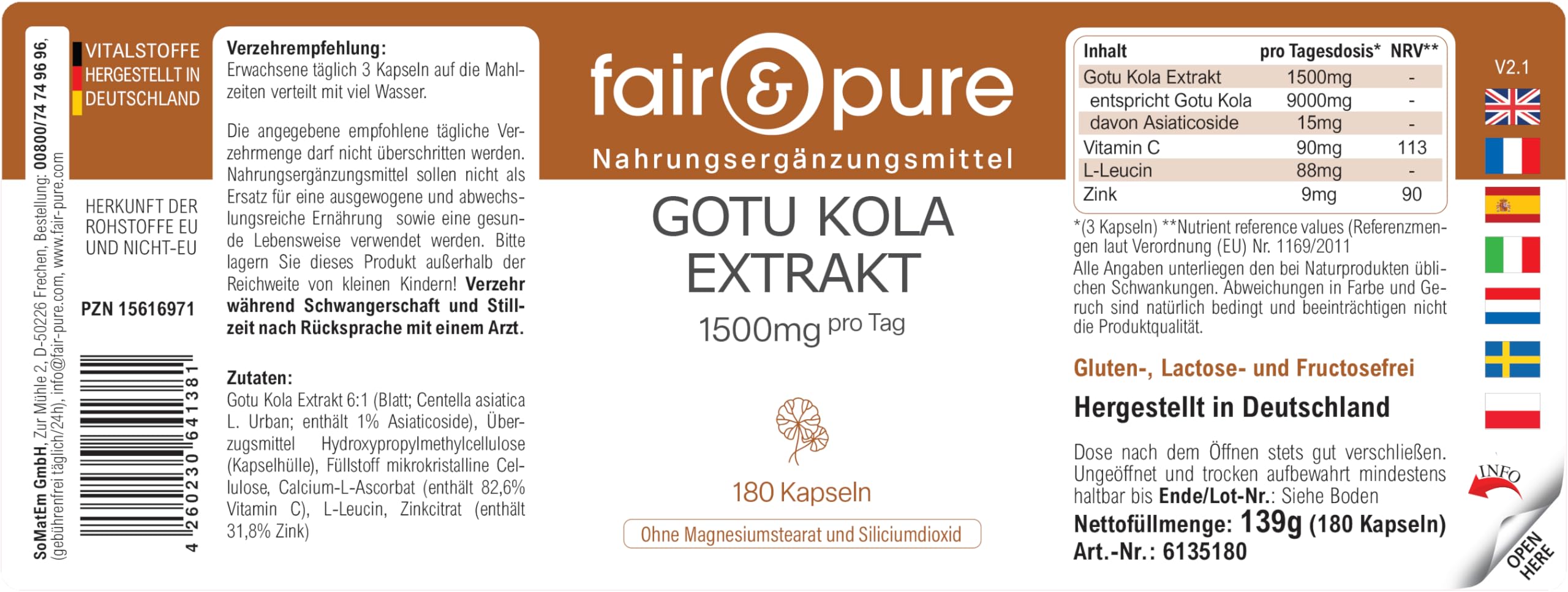 Fair & Pure® - Estratto di Centella asiatica 1500mg - 180 capsule - Centella asiatica - con vitamina C e zinco - vegano - altamente dosato