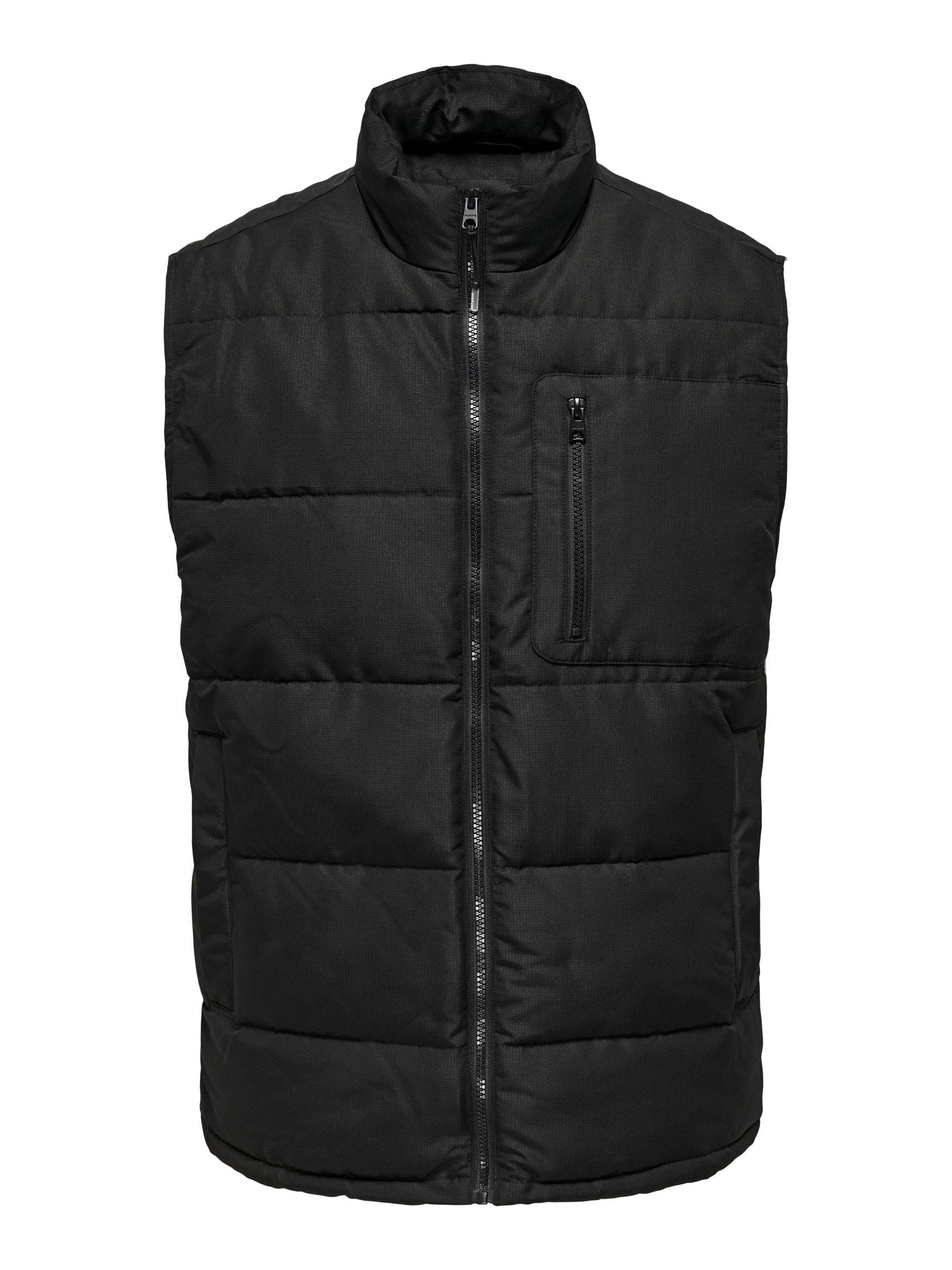 Only & Sons Men's Black Onsjake Otw Quilted Vest, L, L