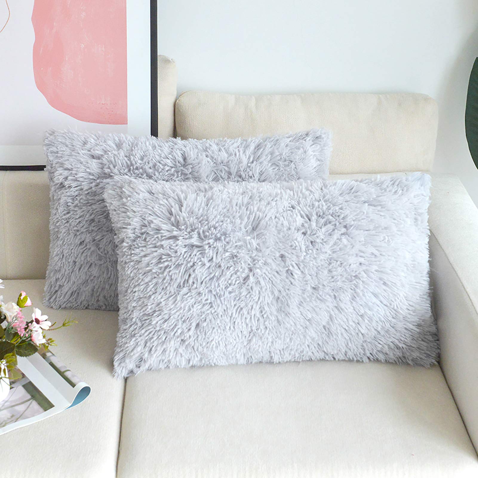 NordECO HOME Luxury Soft Faux Fur Fleece Cushion Cover Pillowcase Decorative Throw Pillows Covers, No Pillow Insert, 12" x 20" Inch, Light Grey, 2 Pack