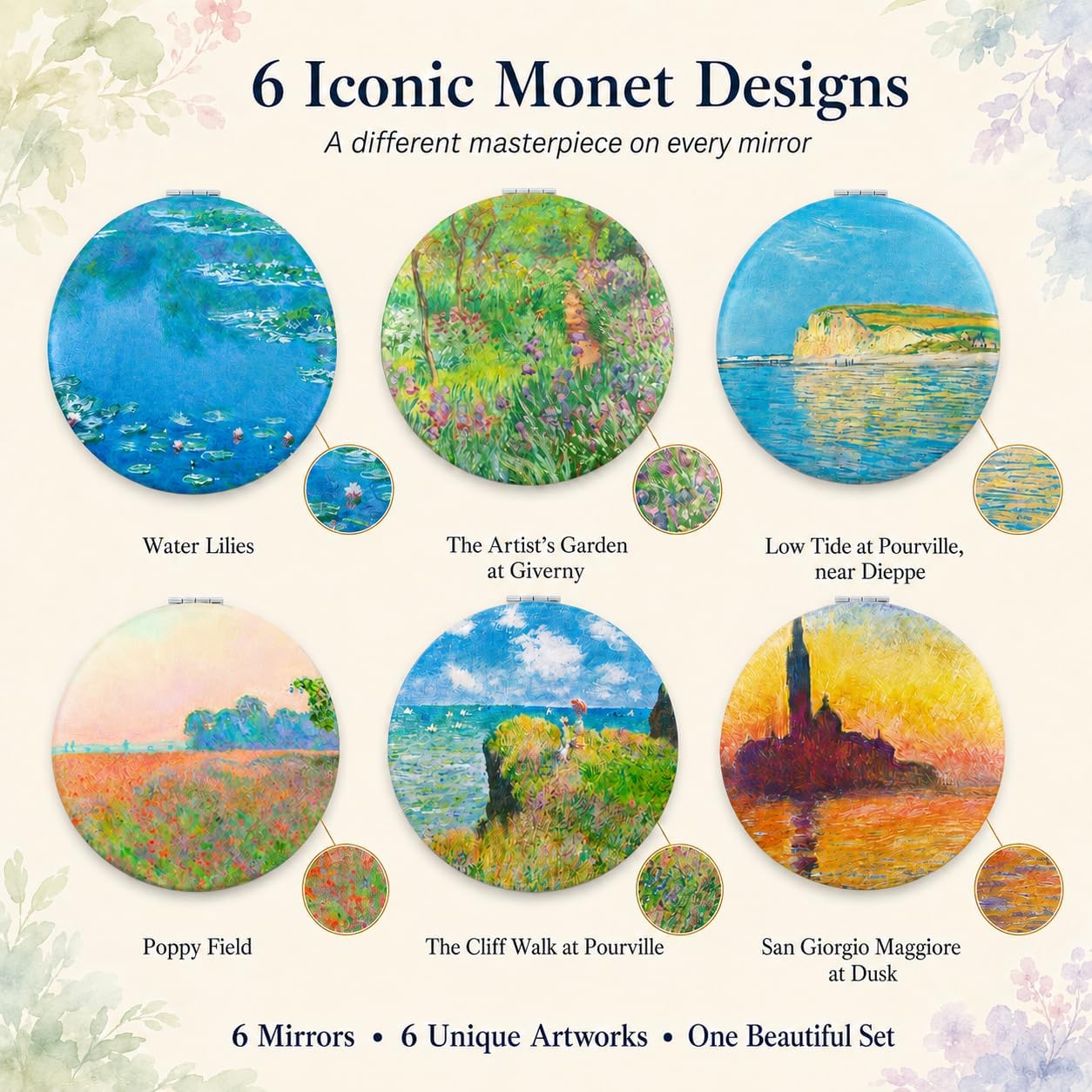6 Pack Compact Mirrors Bulk, Monet Art 1X/2X Pocket Mirrors for Women image 2