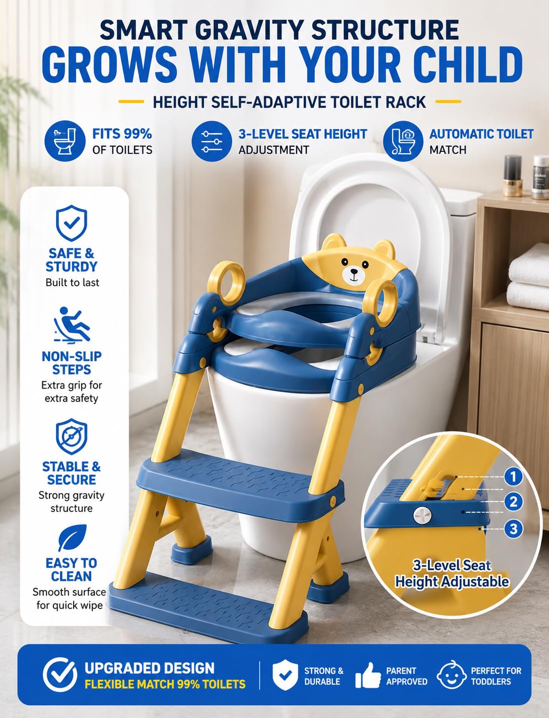 Kids Potty Training Toilet Seat with Step Stool Ladder, Bear Design, Adjustable Height, Non-Slip Steps, Soft PVC Cushion Seat with Handles (A-Pink)