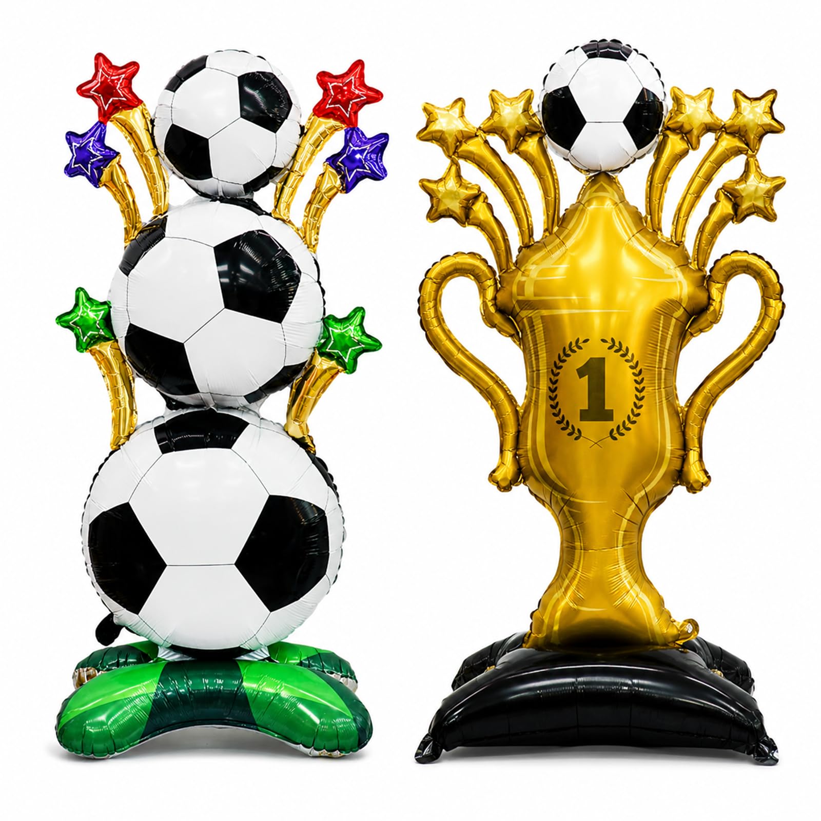 2 Pcs Giant Self-Standing Football Balloons Set, 59 Inch Gold Trophy Balloon and Stacked Football Balloon, Foil Football Party Decorations for Birthday, Match Day, Sports Party and Celebrations