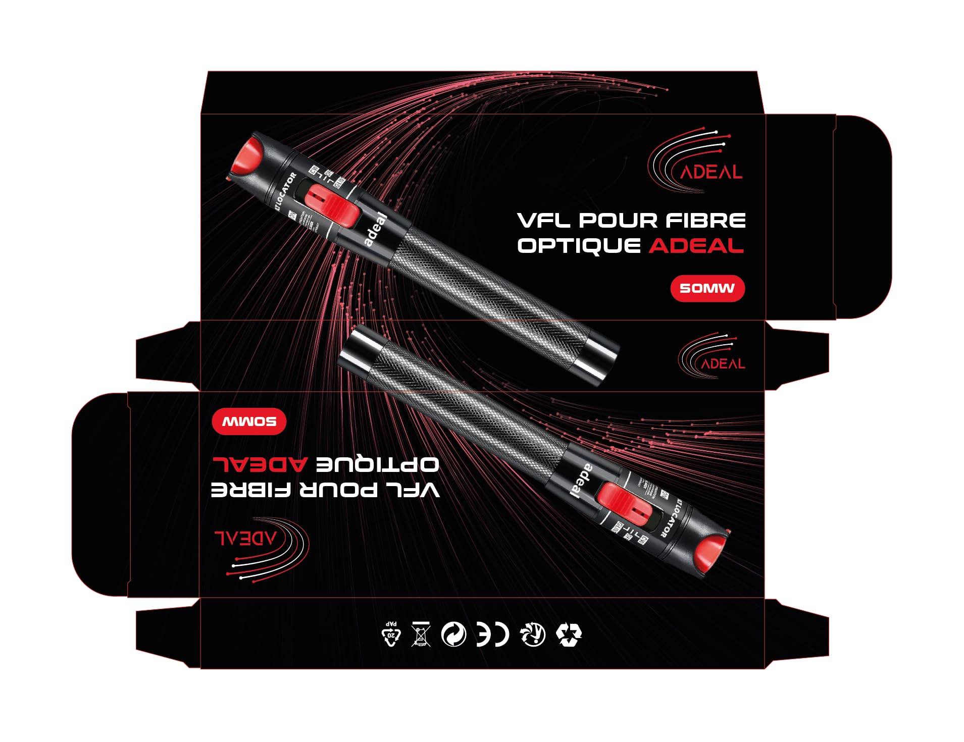 Kit Testeur Fibre Optique VFL - Localisateur de Défauts Visuels 50 km, Stylo Lumineux Laser Fibre Optique 50mW pour Test de Câble Réseau, avec Adaptateur Monomode 9/125 um FC Mâle vers LC Femelle.
