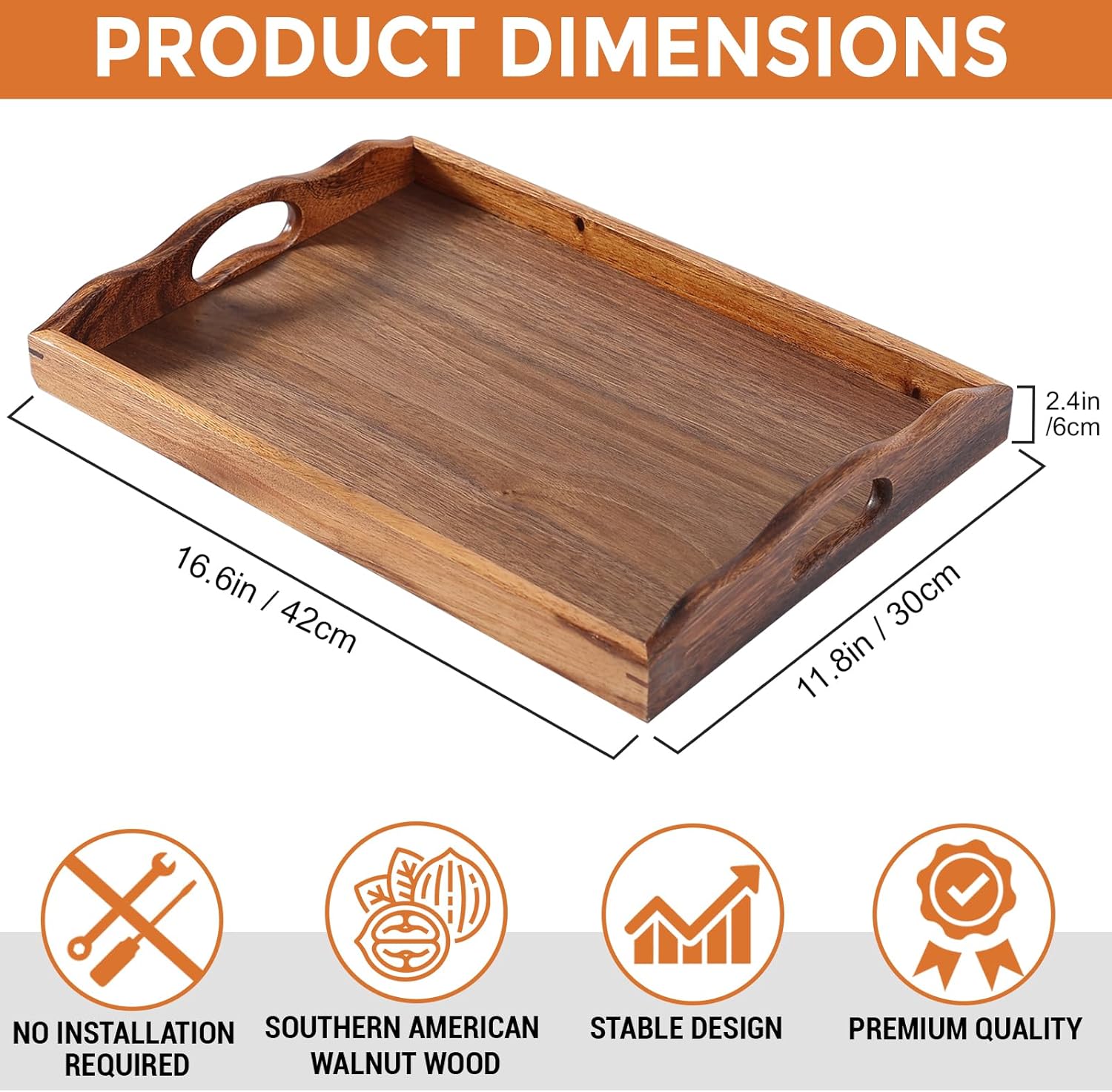 Nature Walnut Wooden Serving Tray with Handles, Solid Wood Food Tray for Coffee, Breakfast, Dinner, Ottoman,16.6x11.8x2.4 inches - Image 2