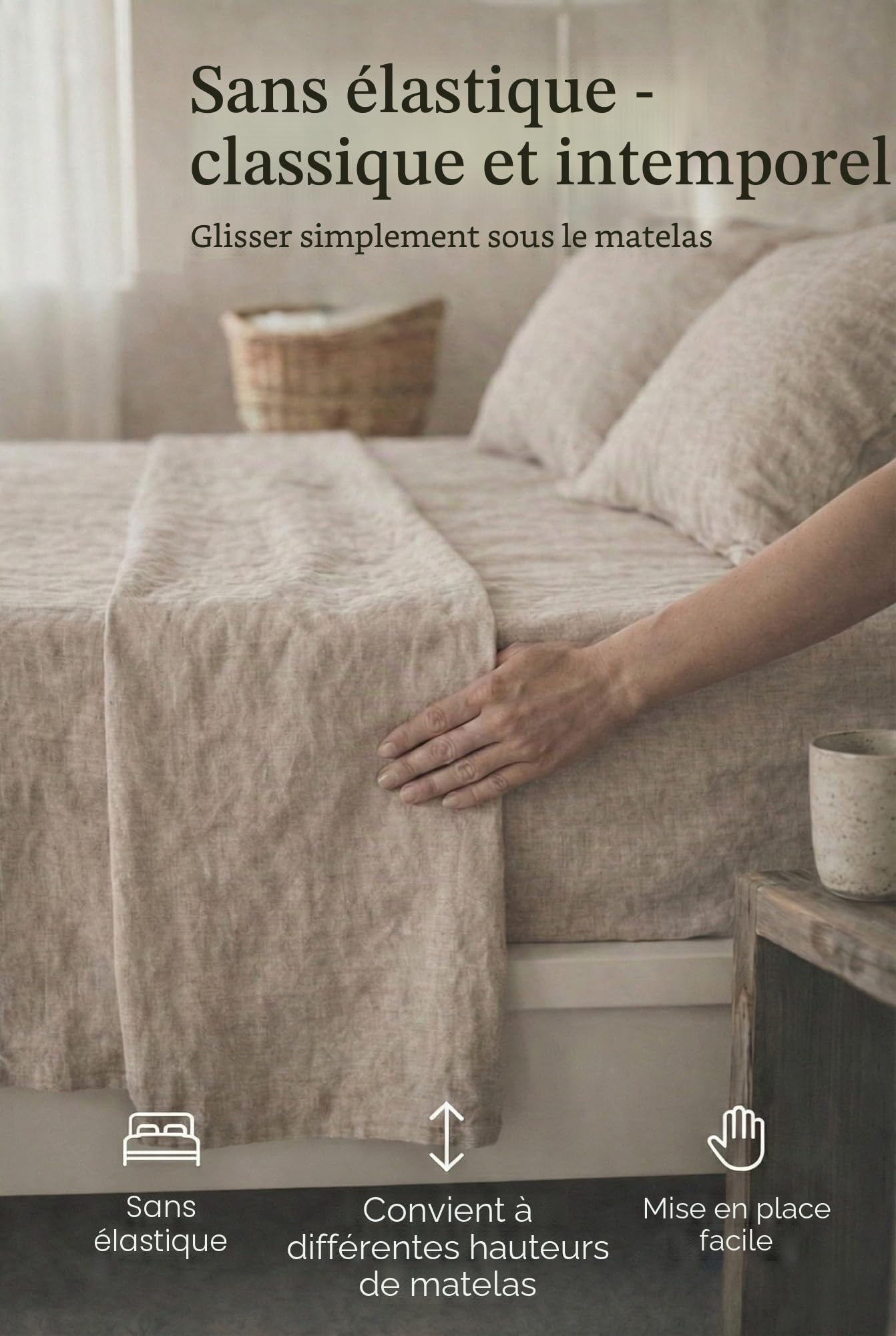 Drap de lit en lin sans élastique – 100% lin délavé à la pierre – Respirant – Sans taies d'oreiller – (Couleur naturelle, 240 x 260 cm)