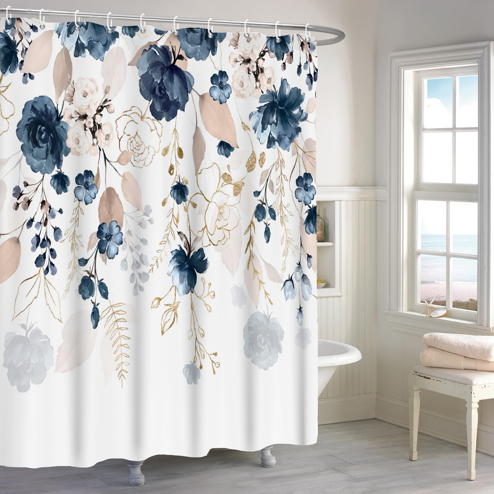Renaiss 72x96 Inches Navy Blue Floral Shower Curtain for Bathroom Watercolor Abstract Eucalyptus Gold Leaves Flowers Plant Aesthetic Shower Curtains