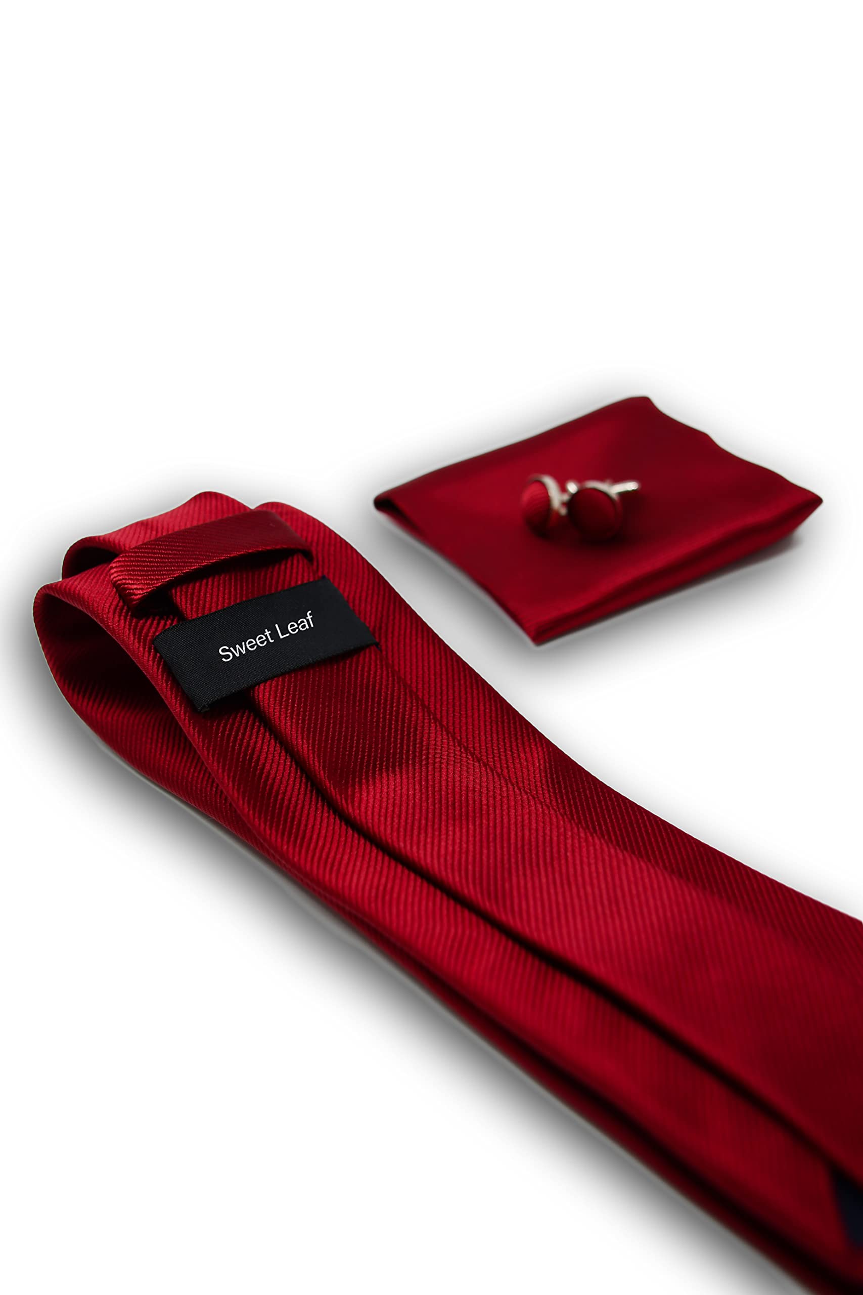 Sweet Leaf Cravatta da uomo, Fazzoletto da Taschino e Gemelli Rosso Scuro - 100% seta - Classico, Elegante e Moderno - (Confezione Regalo, ideale per un matrimonio, con un abito)