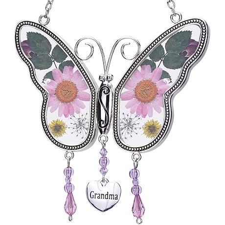 CHINMODE Butterfly Suncatcher Gift for Grandma with Pressed Flower