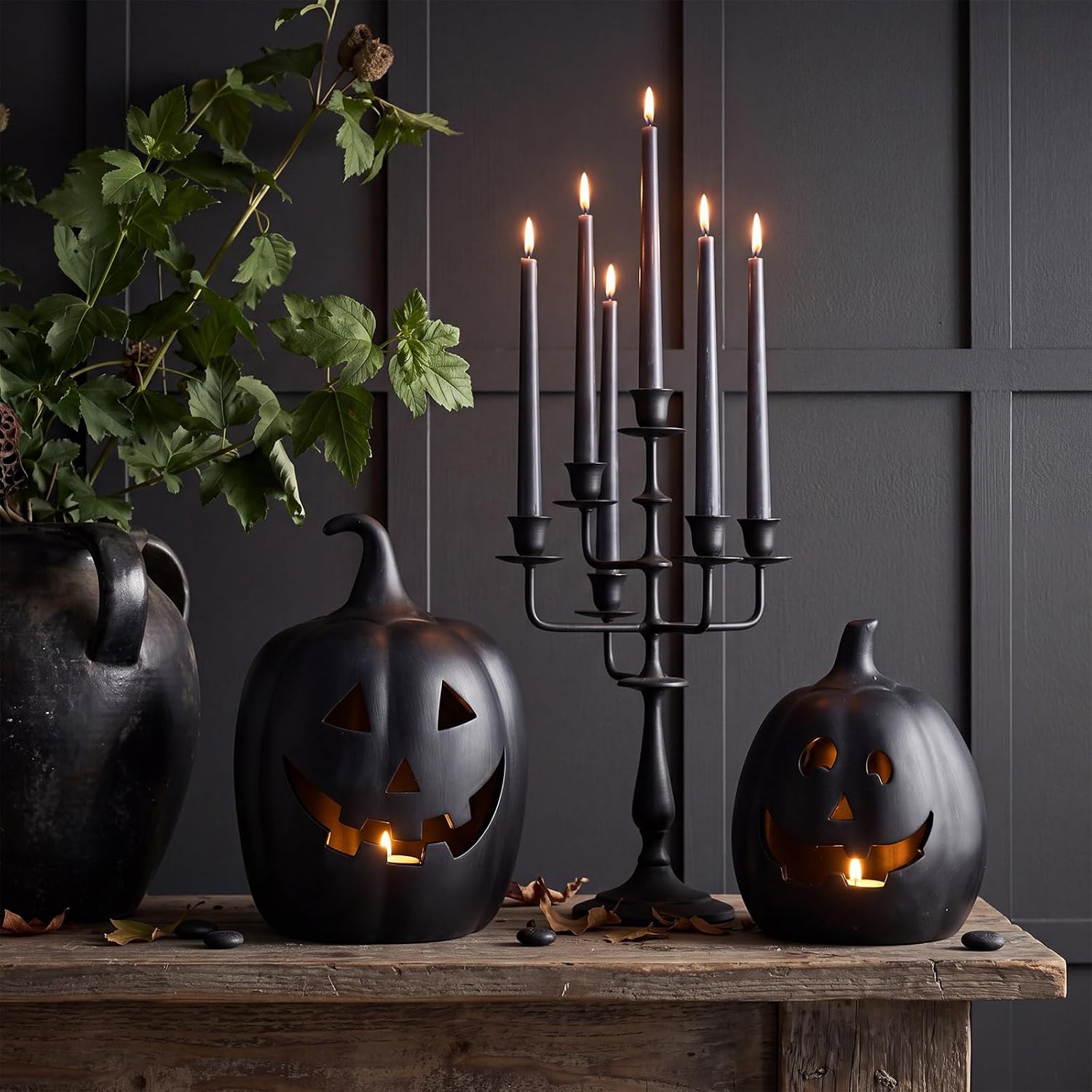 2 Set Halloween Terracotta Pumpkin Decoration Hold LED Candle Black