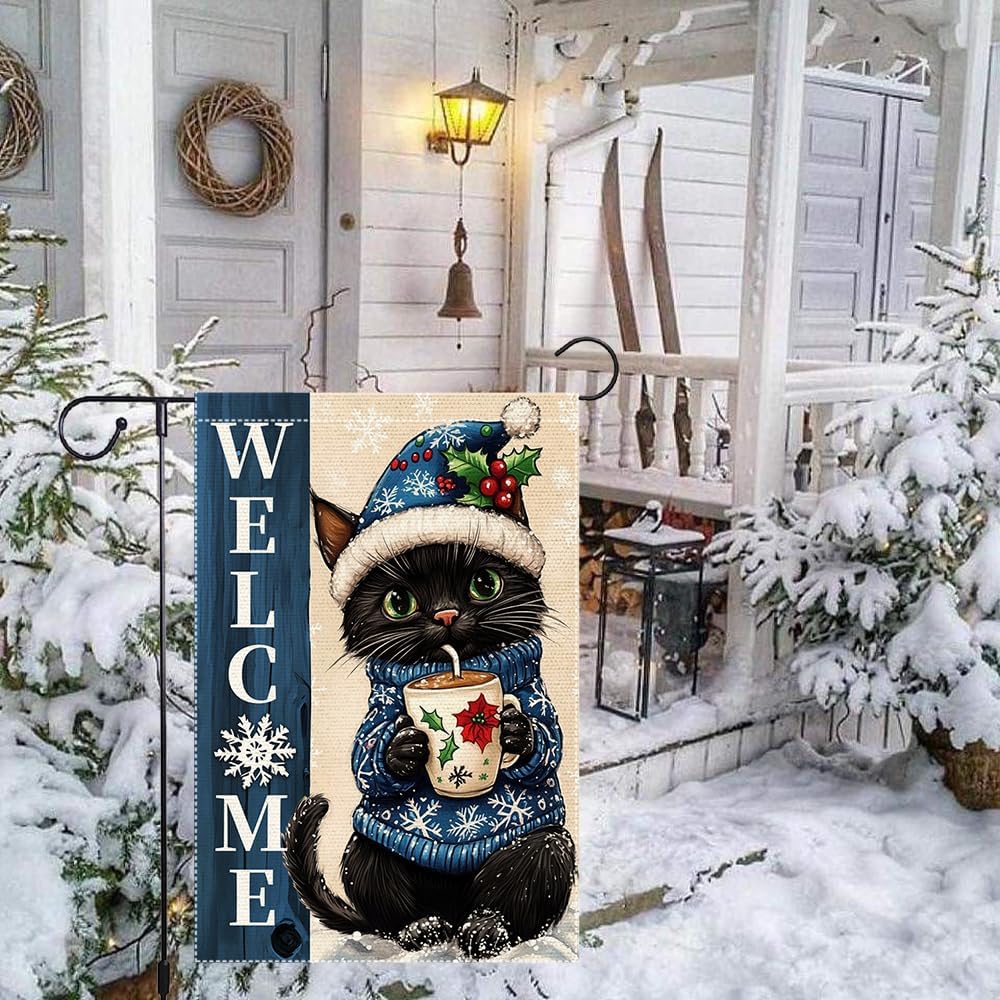 Christmas Welcome Cat Garden Flag 12x18 Inch Double-Sided Burlap Holiday Decor Featuring Snowy Kitty with Hot Cocoa - Image 8