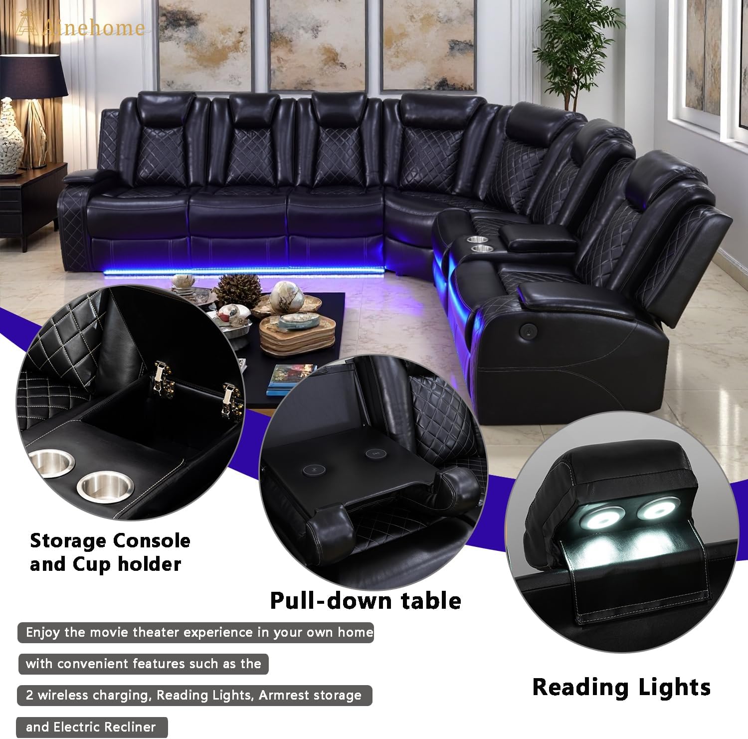 A Ainehome Leather Power Reclining Sectional Sofa Set with LED Light, Leather Sectional Couches, Power Recliner Sofa Sets Modular Couch with 5 Recliner Seats, Cup Holder, Storage Console, Black