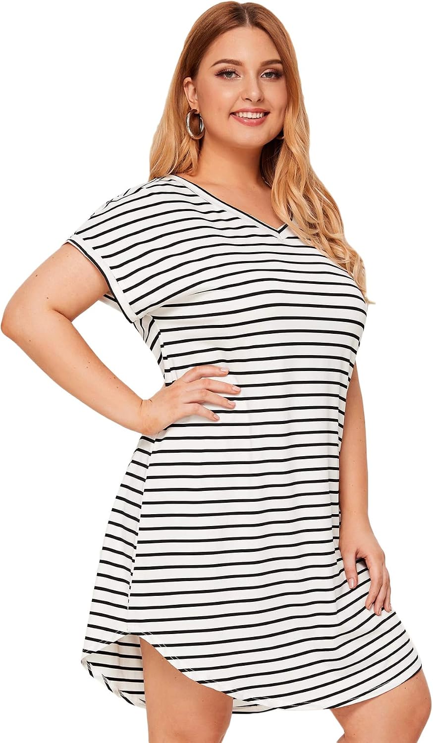 Floerns Women's Plus Size Casual Striped V-Neck Short Sleeve T-Shirt Tunic Dress