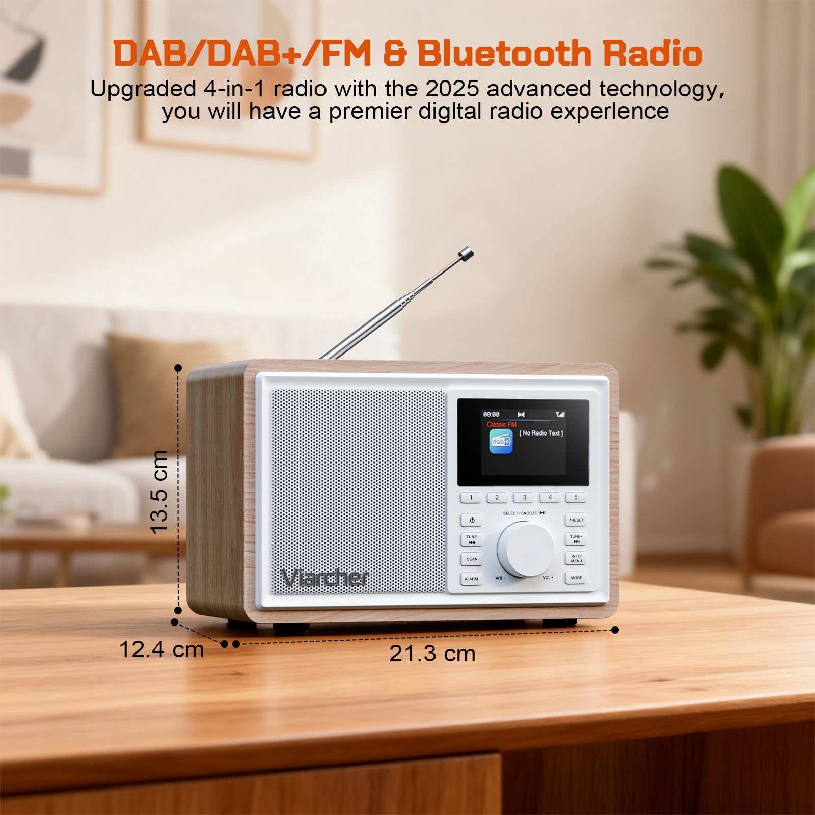 Radio numérique Dab/Dab+ & FM avec Bluetooth, Double Alarme, minuterie de Veille, 60 préréglages, entrée AUX, Prise Casque, écran Couleur 2,4'', Radio de Cuisine, Blanc/chêne