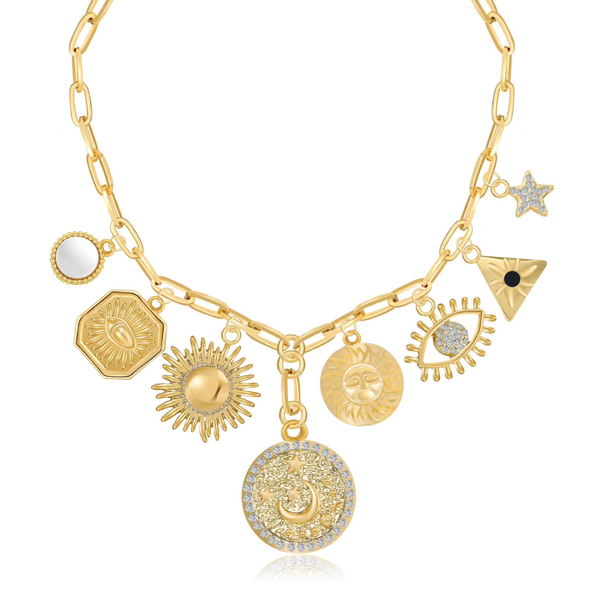 MISS RIGHT Dainty Gold Evil Eye Hamsa Hand Coin Lucky Charm Pendant Necklace for Women Trendy Vintage Paperclip Chain Sun Moon Clover Flower Chunky