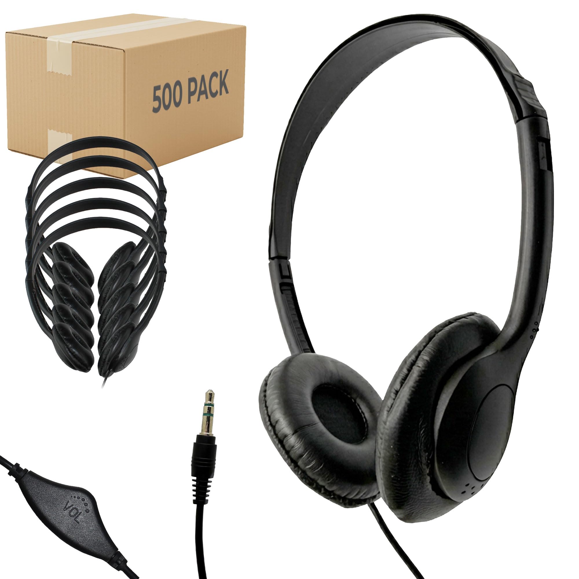 Soundnetic SNCCV Bulk Classroom Headphones 500 Pack – Stereo Headphones with Leatherette Earpads & Volume Control, Black – Ideal for Schools
