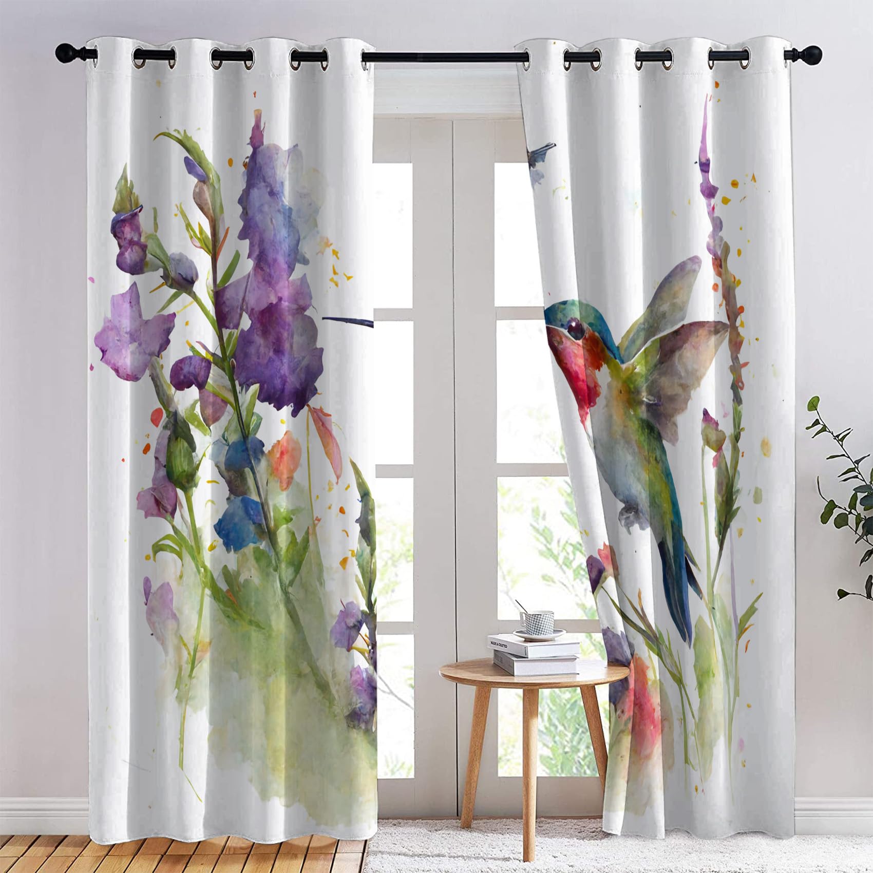 Rideau Occultant Colibri - Isolant Thermique pour Salon Chambre, Motif Fleurs, Opaque à Œillets, Lot de 2 Draperies Intérieur 140x200cm LxH