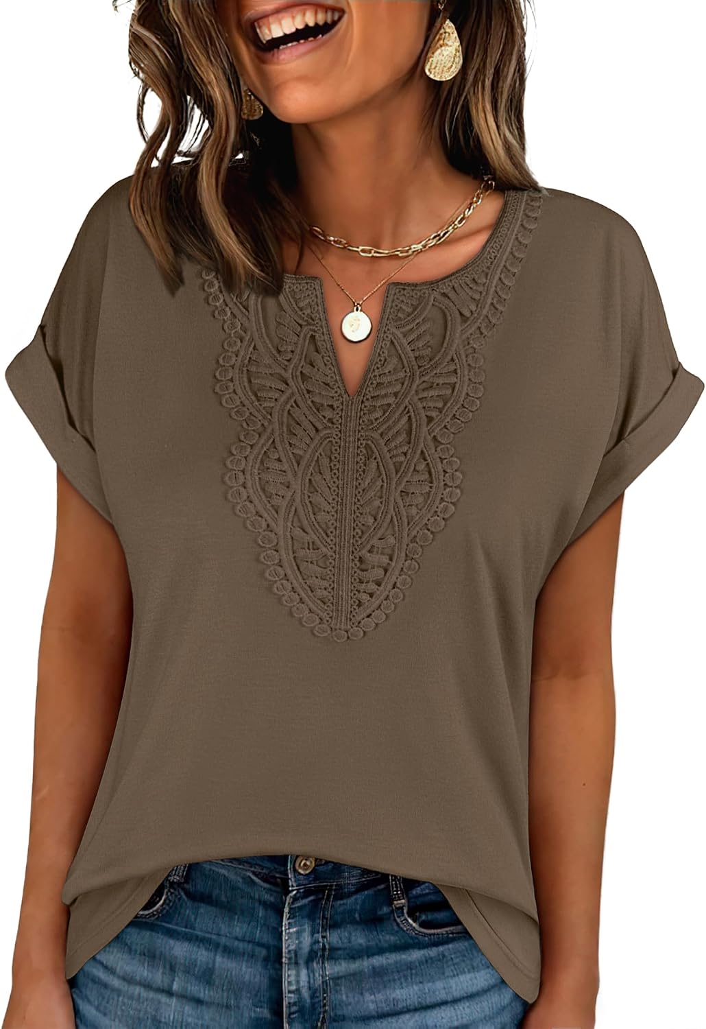 ANRABESS Womens Short Sleeve Tops Boho V Neck Lace Shirts Dressy Casual Blouses Summer Cute Tunic 2026 Trendy Fashion Clothes