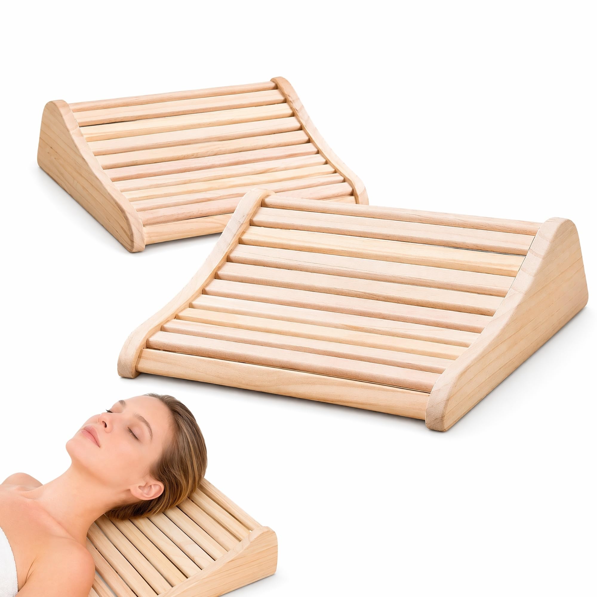 2 Stück Sauna Kopfstütze Holz, Ergonomisches Saunakopfstütze mit Anti-Rutsch Basis & Optimale Belüftung, 37x33x10cm Kiefernholz Nackenstütze für Finnische Sauna, Infrarotkabine & Dampfbad