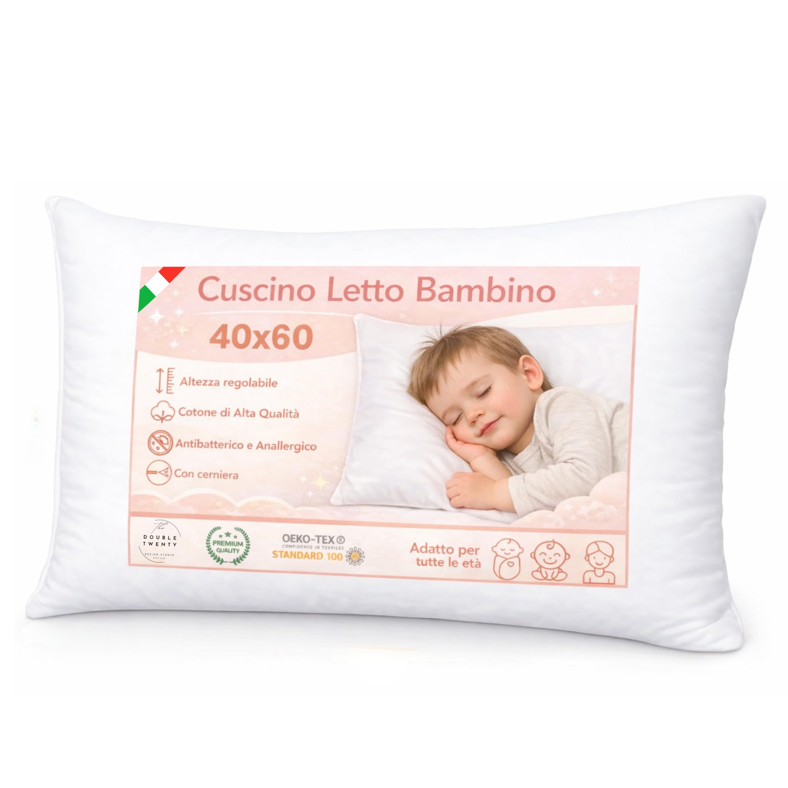 The Double Twenty Cuscino Lettino Bambino 40x60 Regolabile, Morbido e Traspirante, Anallergico e Antiacaro, Federa in Cotone Percalle Certificato OEKO-TEX, Lavabile, 2-6 Anni, Made in Italy