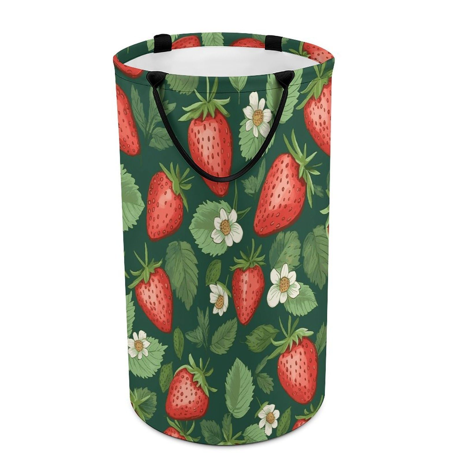 Fresh Strawberries And Leaves Laundry Basket Freestanding Laundry Hamper with Handles Waterproof Dirty Clothes Hamper Collapsible Washing Bin Aesthetic Clothes Basket for Bathroom Bedroom Dorm