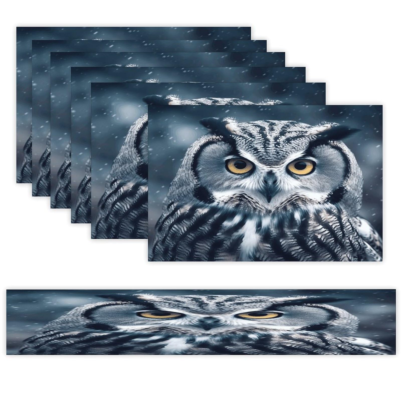 Grey and White Owl Table Runner and Placemats of 6 Washable Heat Resistant Place Mats with Table Runner Vintage Holiday Table Mat Set for Holiday Party Kitchen Dining Deco