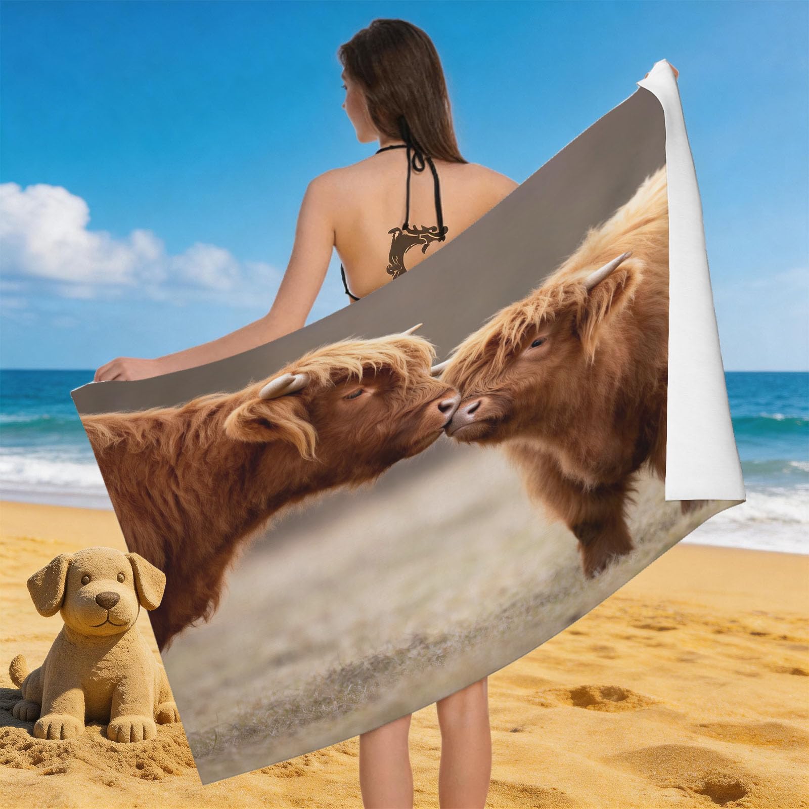 Leichong 3D Highland Cow Beach Towel Microfiber Soft Quick Dry for Adults, Natural Landscape Bath Towel Lightweight Soft Absorbent for Travel Swimming Pool Sports, 75 x 150 cm
