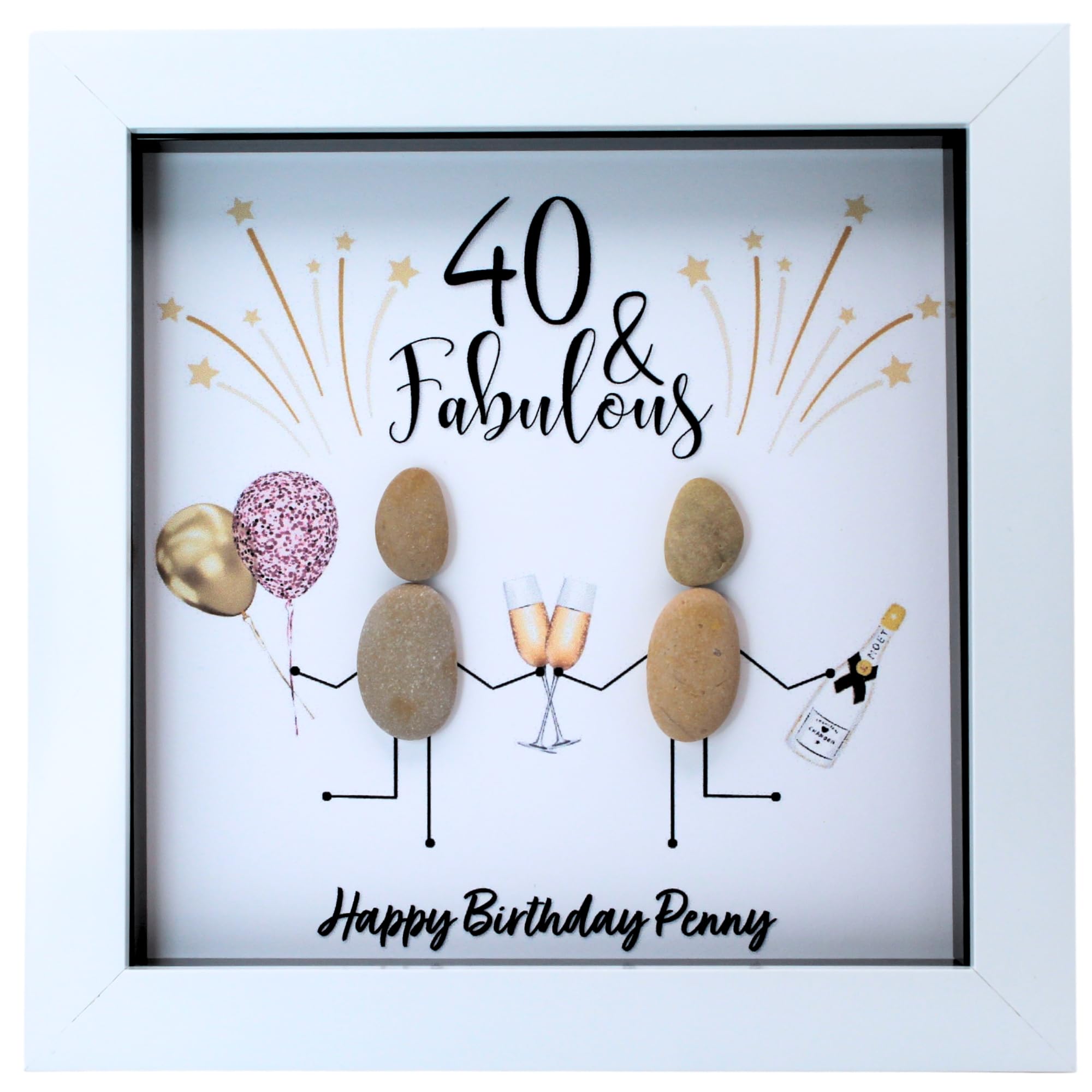 Personalised 40th Birthday Pebble Art Picture - Handmade Keepsake For Women, Framed Picture
