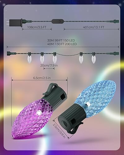 Miniatura 9 de YAYZA! Luces de Navidad inteligentes C9 para exteriores, 200 luces LED RGB C9 de 130 pies con aplicación y control remoto, 105 modos, sincronización