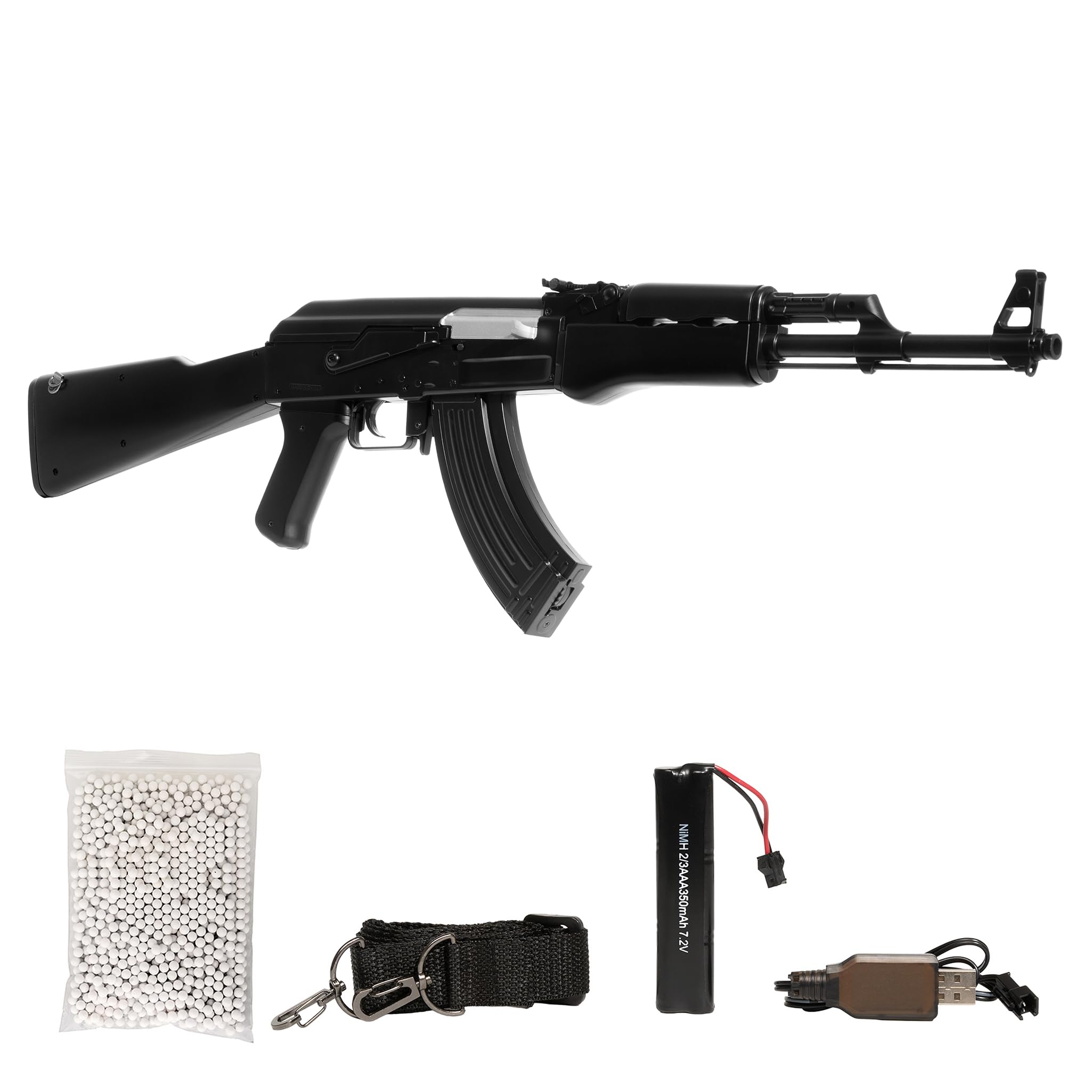 AK 47 softair elettrico stile legno, POTENZA 0,9 JOULE, raffica/singolo/sicura, caricatore 50 colpi, batteria Ni‑MH 7,2V + caricabatterie inclusi, 870mm 830g, 1000 pallini inclusi (Nero)