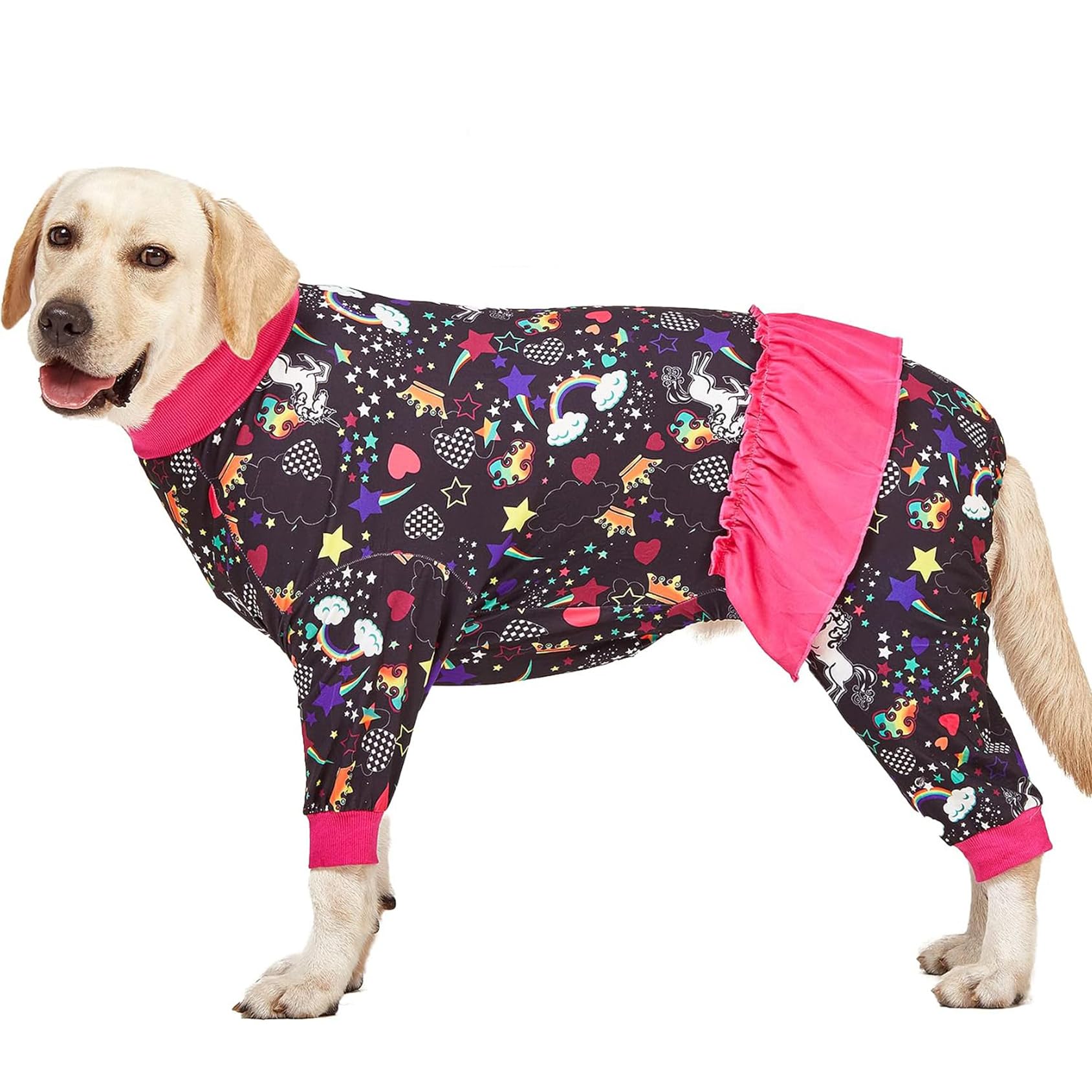 LovinPet Large Breed Dog Pajamas, Wound Care/Post Surgery Recovery Shirt for Large Dogs, Unicorn and Rainbow Black Print, Stop Shedding for Dogs,
