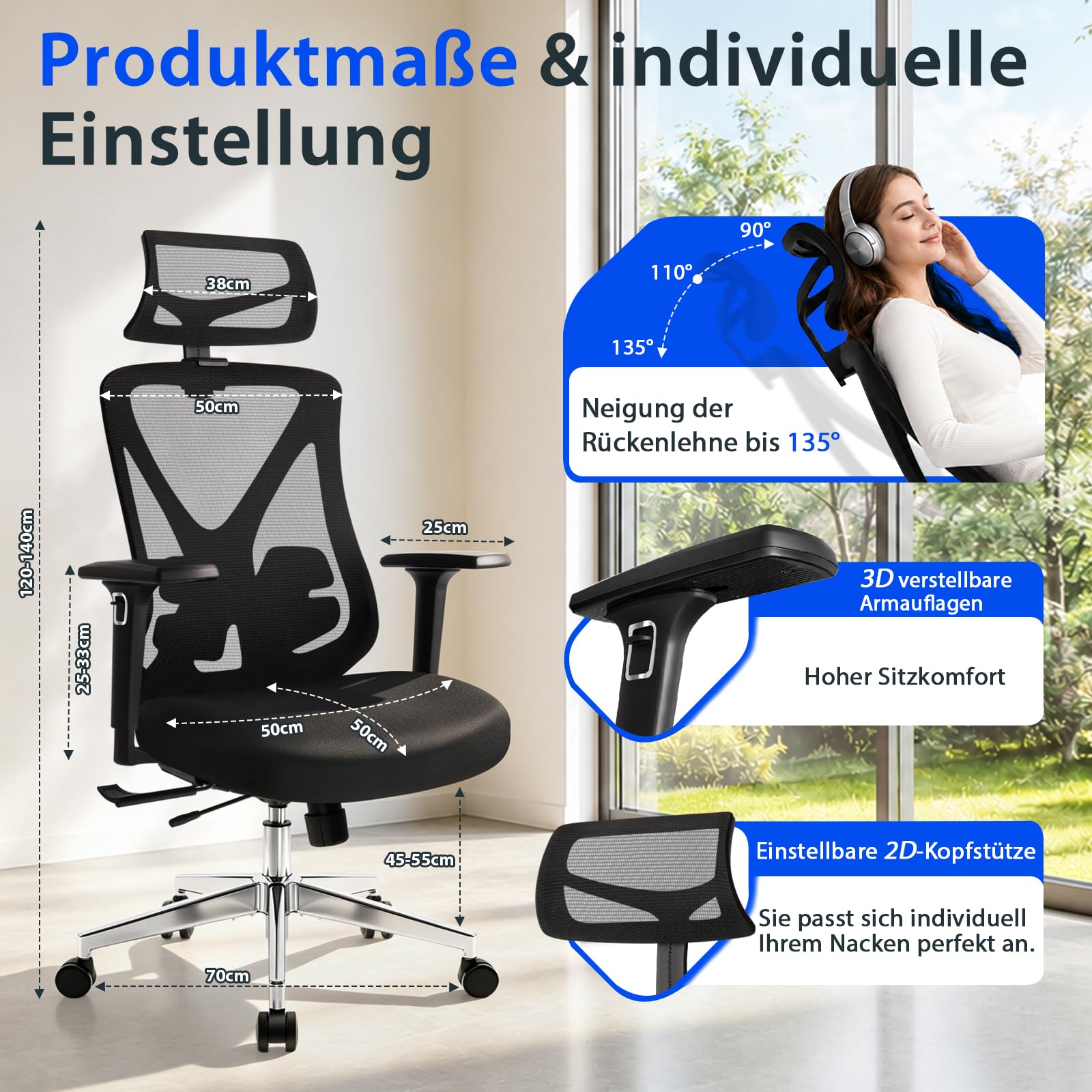 Hoolamyie Ergonomischer Bürostuhl mit Kopfstütze & Lendenstütze, Drehstuhl mit Sitztiefenverstellung, 3D Armlehnen, Mesh Schreibtischstuhl ergonomisch für Homeoffice & Büro, Schwarz