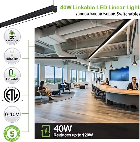 Miniatura 9 de Hykolity Luz lineal LED enlazable de 8 pies, 80W 9200lm 3000K4000K5000K CCT seleccionable, 0-10V regulable LED arquitectónico suspensión lámpara de