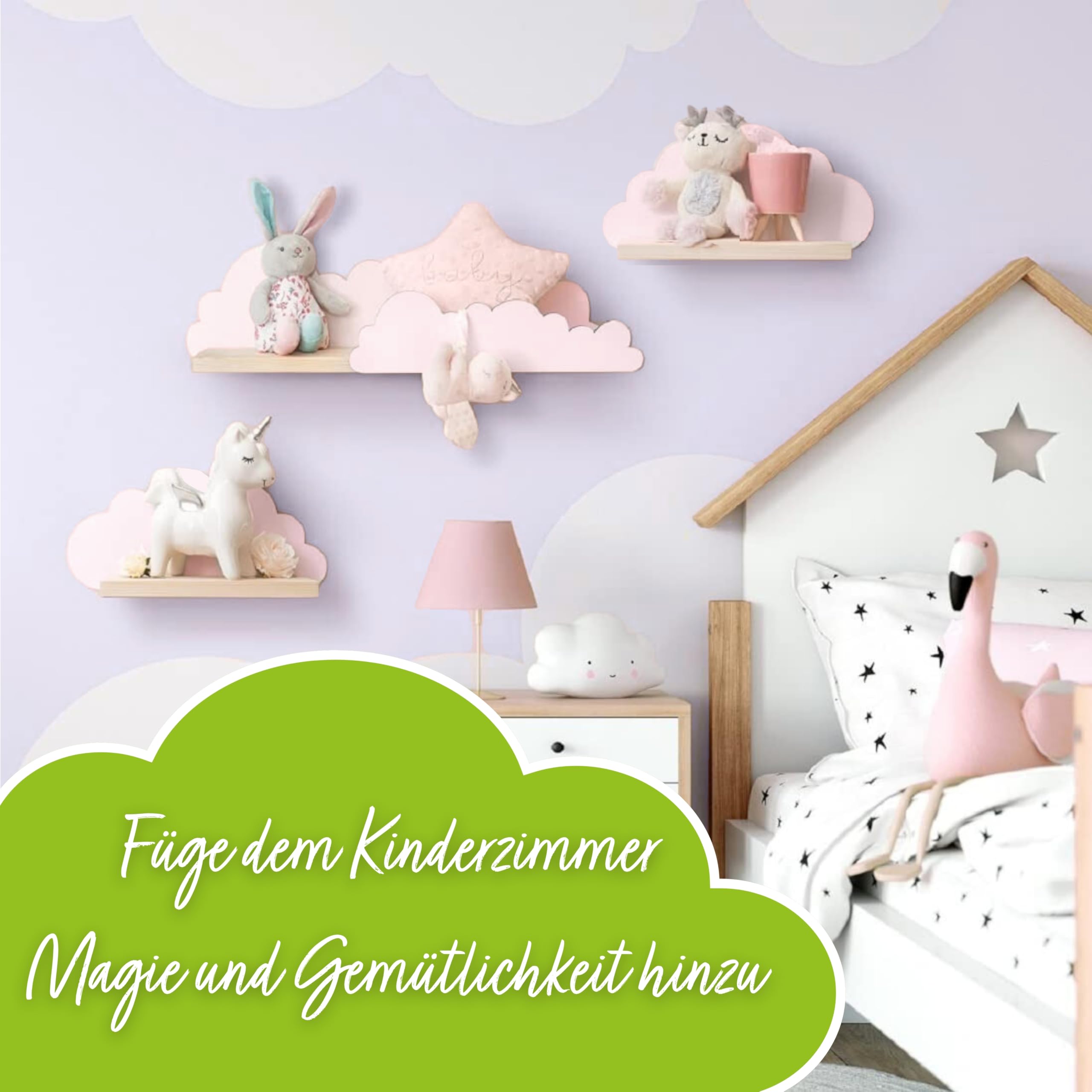 Outentin Wandregal Wolke aus Holz – 3er Set Kinderregal für Kinderzimmer & Babyzimmer – Handgefertigtes Holzregal aus Kiefer – Wandaufbewahrung & Deko für Spielzimmer, Bücher & Spielzeug - Rosa
