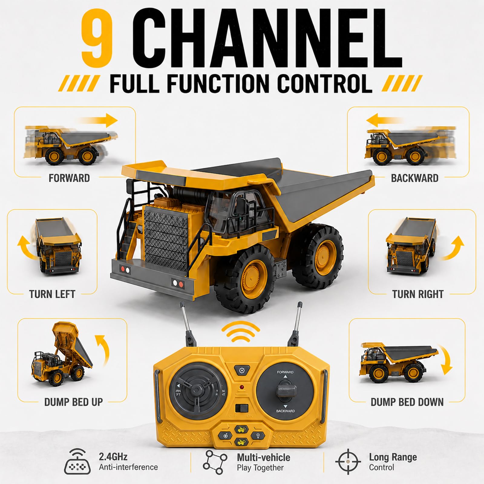YESHIN Camion-benne télécommandé, 1:20 RC pelle, jouet benne basculante 9 canaux, véhicule de chantier métallique RC, commande à distance 2.4GHz, lumière LED, camion-benne à déchargement automatique