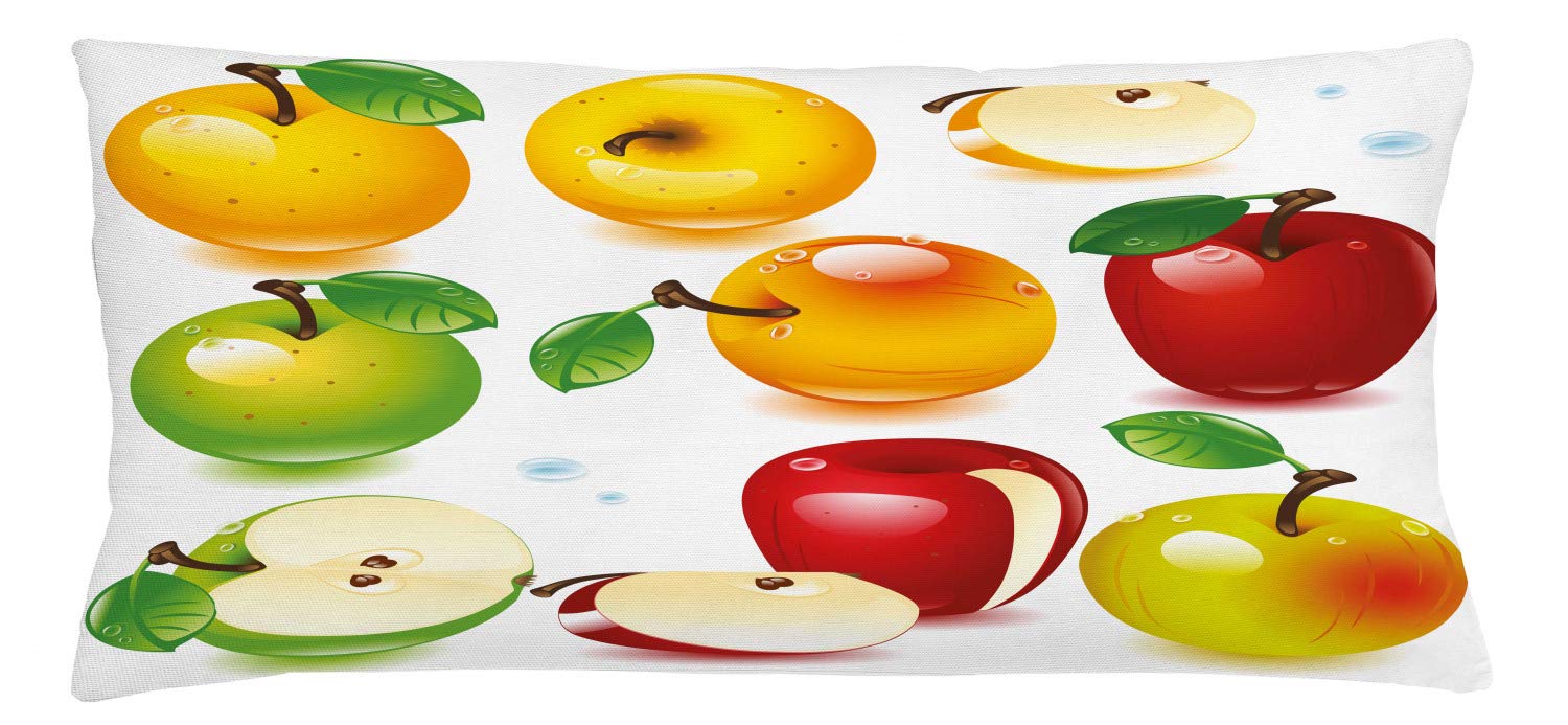 Lunarable Apple Throw Pillow Cushion Cover, Different Varieties of Apples Cartoon Style Juicy Delicious Fruit, Decorative Rectangle Accent Pillow Case, 36
