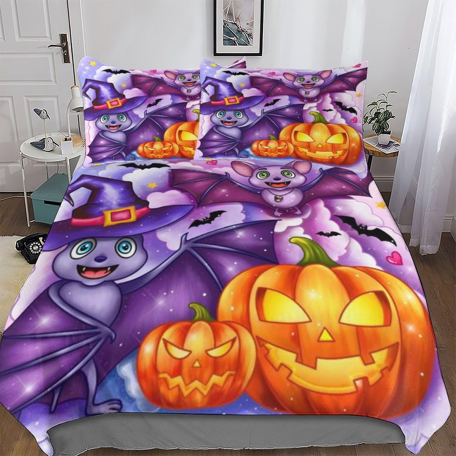 Housse de couette microfibre douce 3 pièces motif citrouille d'Halloween parure King