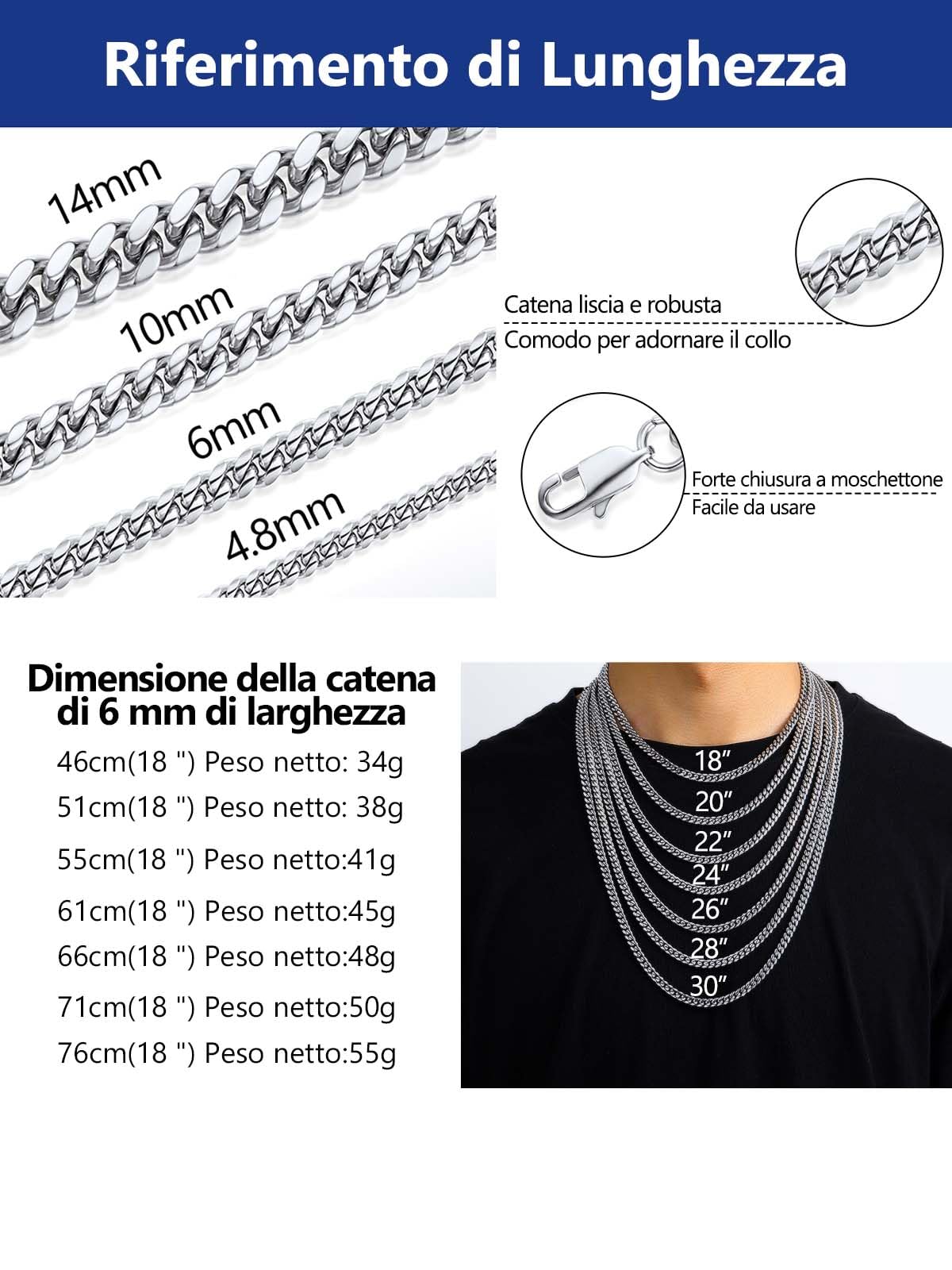 PROSTEEL Collana Uomo a Catena Cubana Barbazzale Grande Robusta, Larga 5 6 10 14 mm, Lunghezze Varie 35-75 cm, Acciaio Inossidabile/Placcato Oro, Argento Oro Nero, Regalo Ottimo (con Confezione)