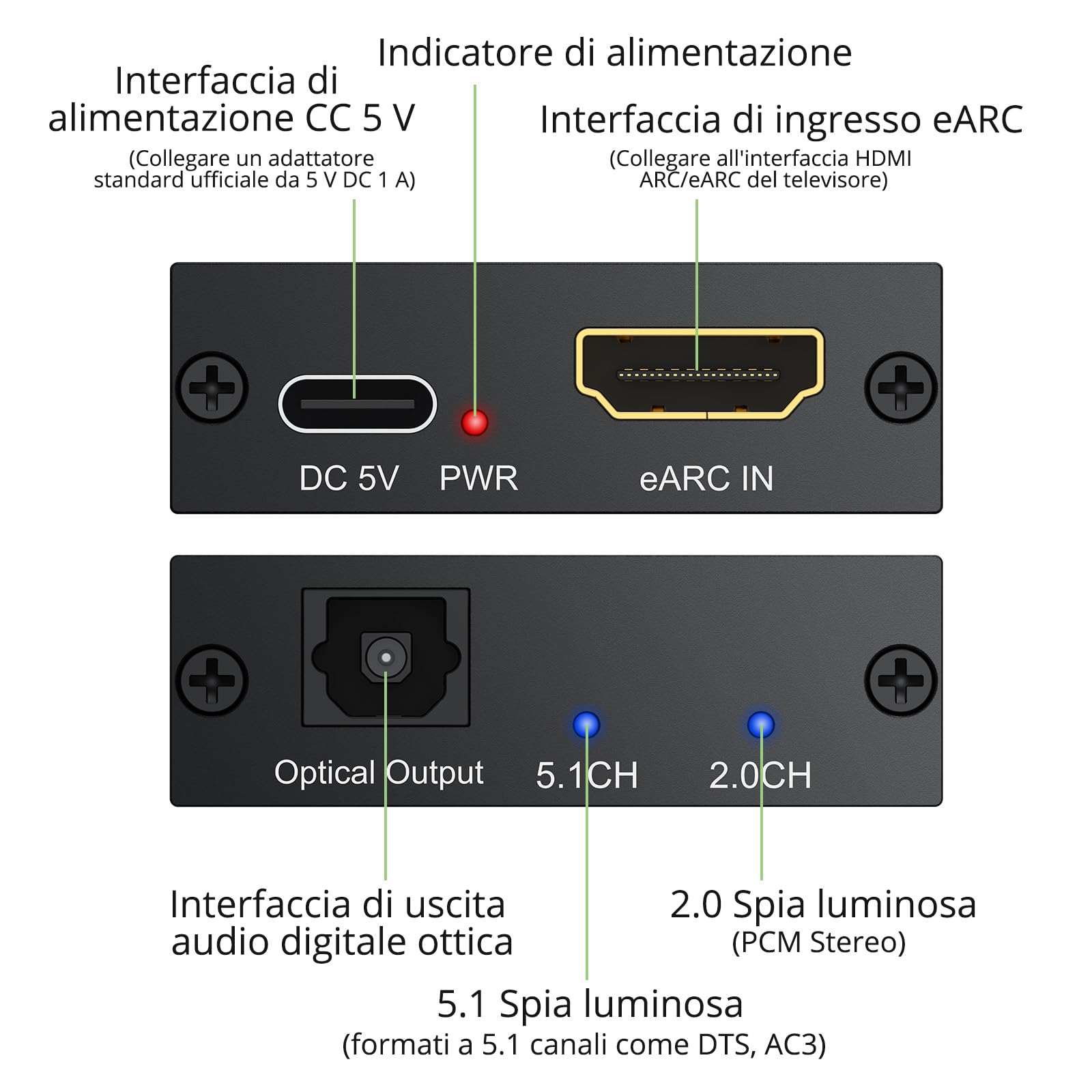 Convertitore Audio eARC/ARC a Ottica 24bit/192kHz PCM 2.0 Dolby DTS 5.1 HDMI Audio Extractor con Cavi per TV Soundbar