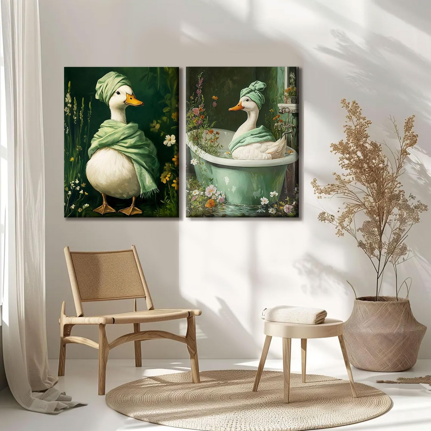 2 Pcs Dark Green Duck Canvas Wall Art Botanical Moody Wildflowers Posters Print Spa Duck in Bathtub Pictures Artwork Vintage Floral Wall Paintings for Bathroom Toilet Restroom Decor 16x24 Inch